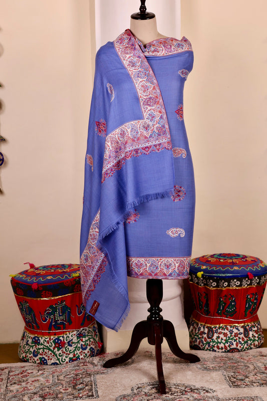 Blue Pashmina Cashmere Shawl, Kalamkari Kashmiri Pashmina Silk Shawl, Premium Cashmere Scarfs, Soft & Warm Shawls Christmas Gift