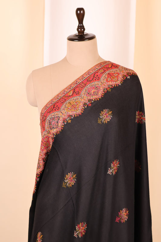 Pashmina Cashmere Shawl, Kalamkari Embroidery Kashmiri Black Pashmina Silk Shawl, Premium Cashmere Scarfs, Soft & Warm Shawls Christmas Gift