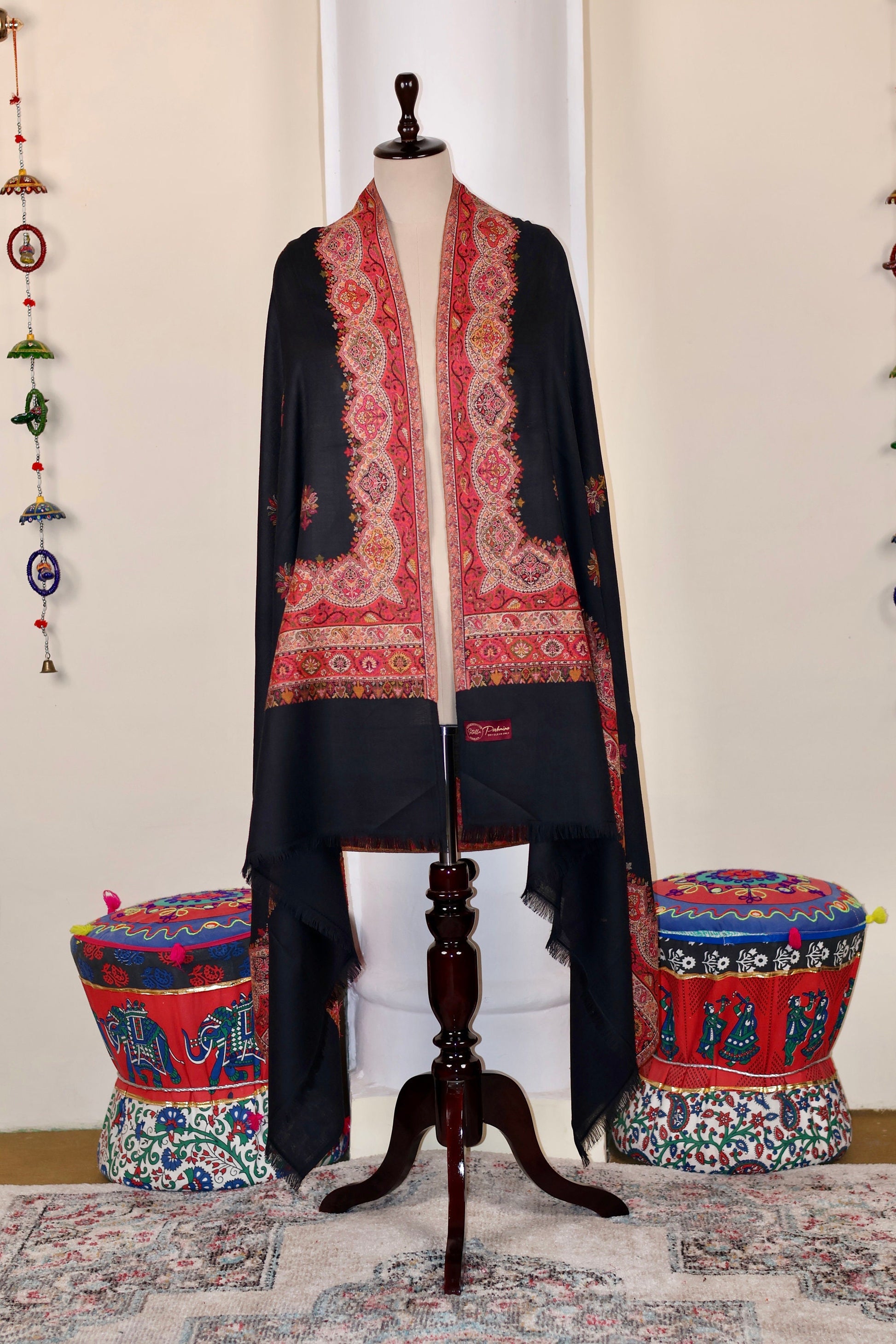 Pashmina Cashmere Shawl, Kalamkari Embroidery Kashmiri Black Pashmina Silk Shawl, Premium Cashmere Scarfs, Soft & Warm Shawls Christmas Gift