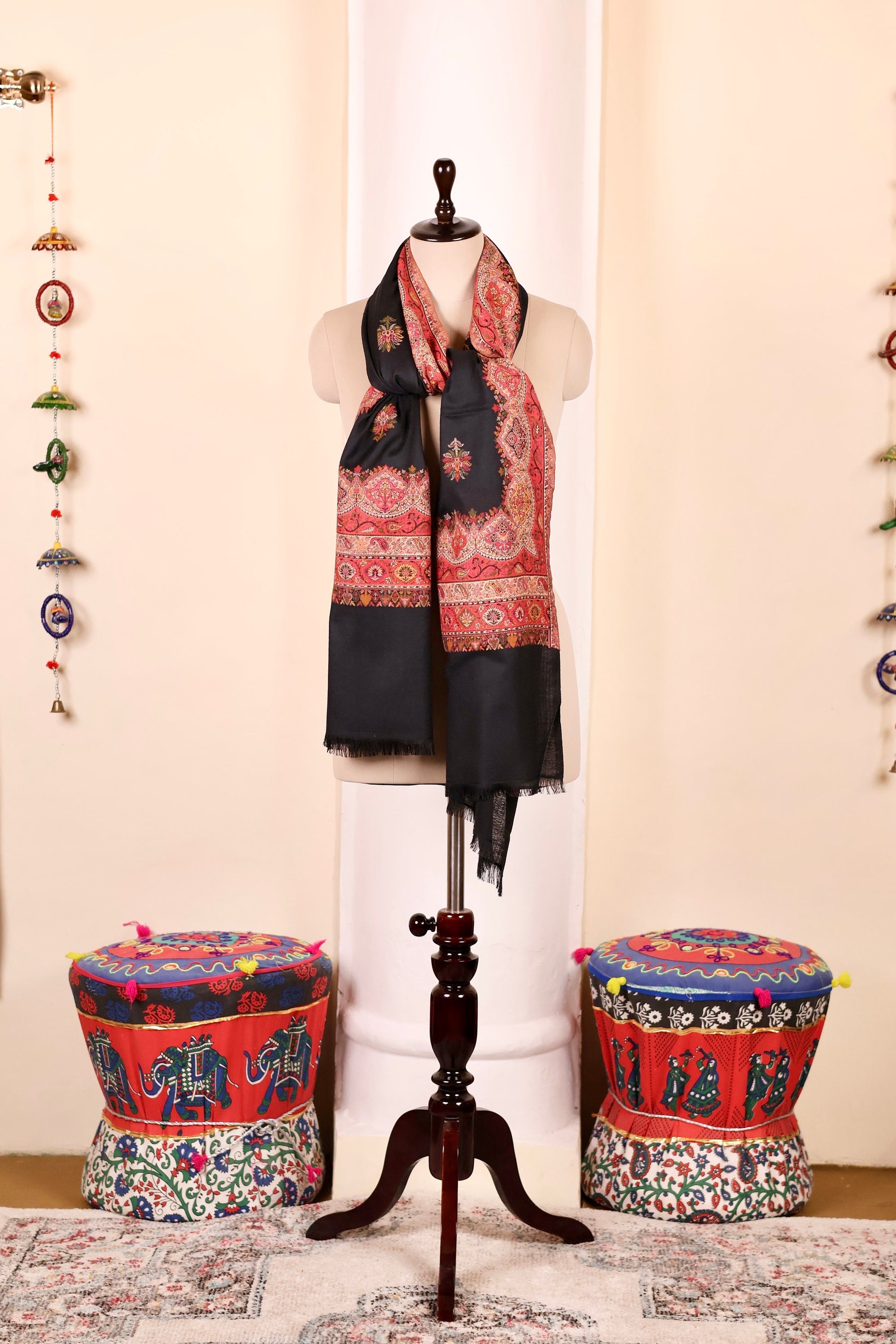 Pashmina Cashmere Shawl, Kalamkari Embroidery Kashmiri Black Pashmina Silk Shawl, Premium Cashmere Scarfs, Soft & Warm Shawls Christmas Gift
