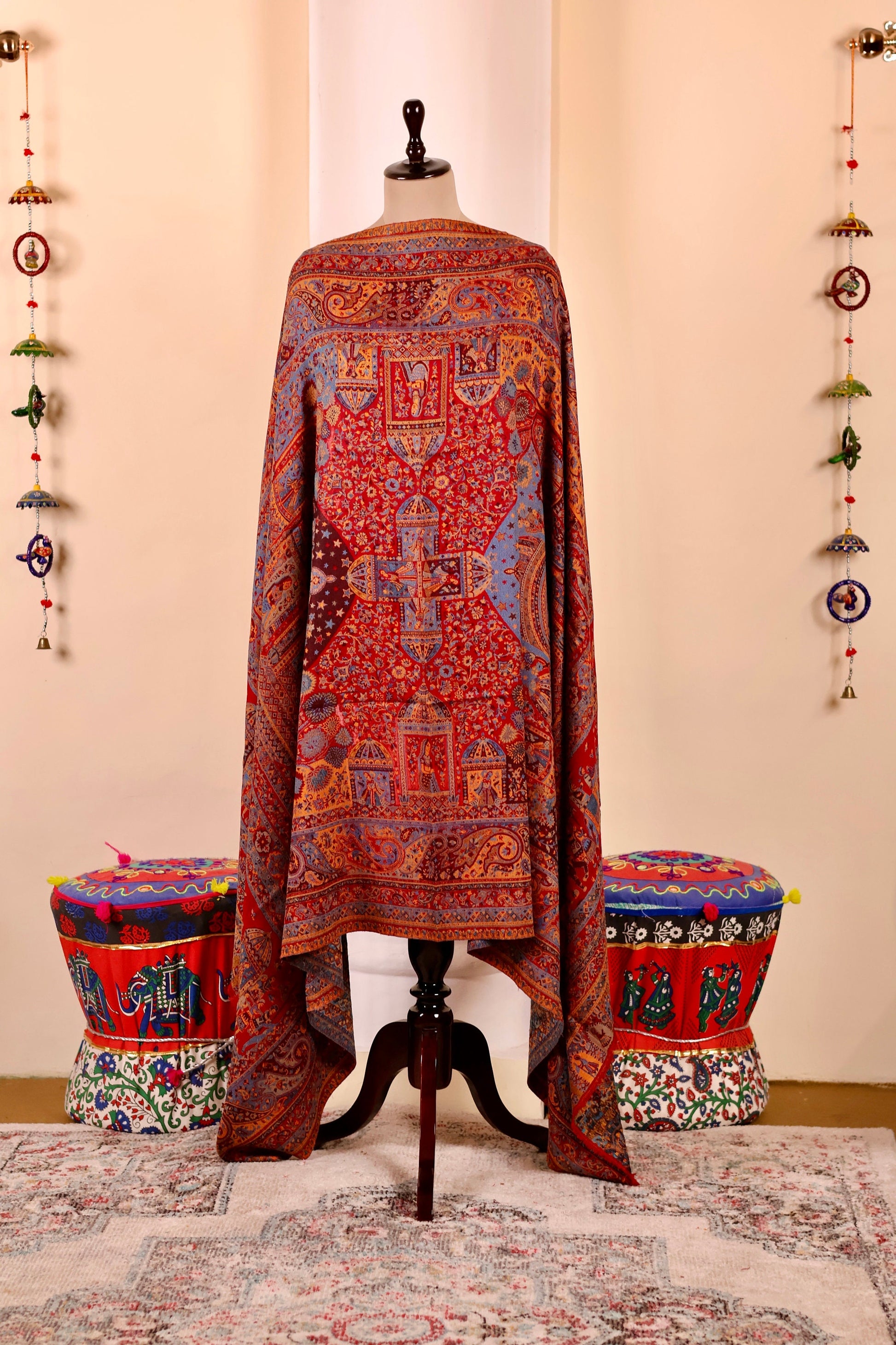 Red Pashmina Cashmere Shawl, Kalamkari Embroidery Kashmiri Pashmina Silk Shawl, Premium Cashmere Shawl, Soft & Warm Shawls, Christmas Gift