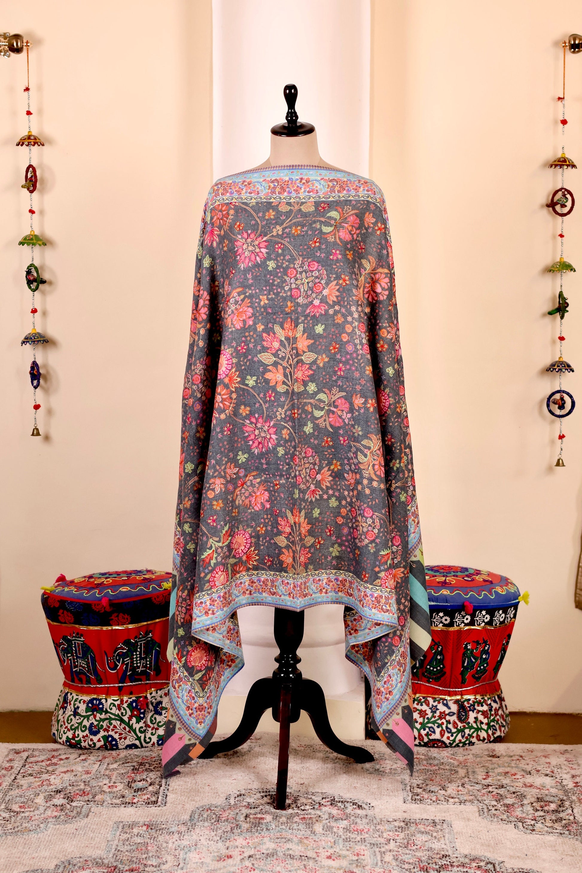 Kalamkari Pashmina Cashmere Shawl, Hand Embroidery Kashmiri Pashmina Silk Shawl, Premium Cashmere Shawl, Soft & Warm Shawls, Christmas Gift