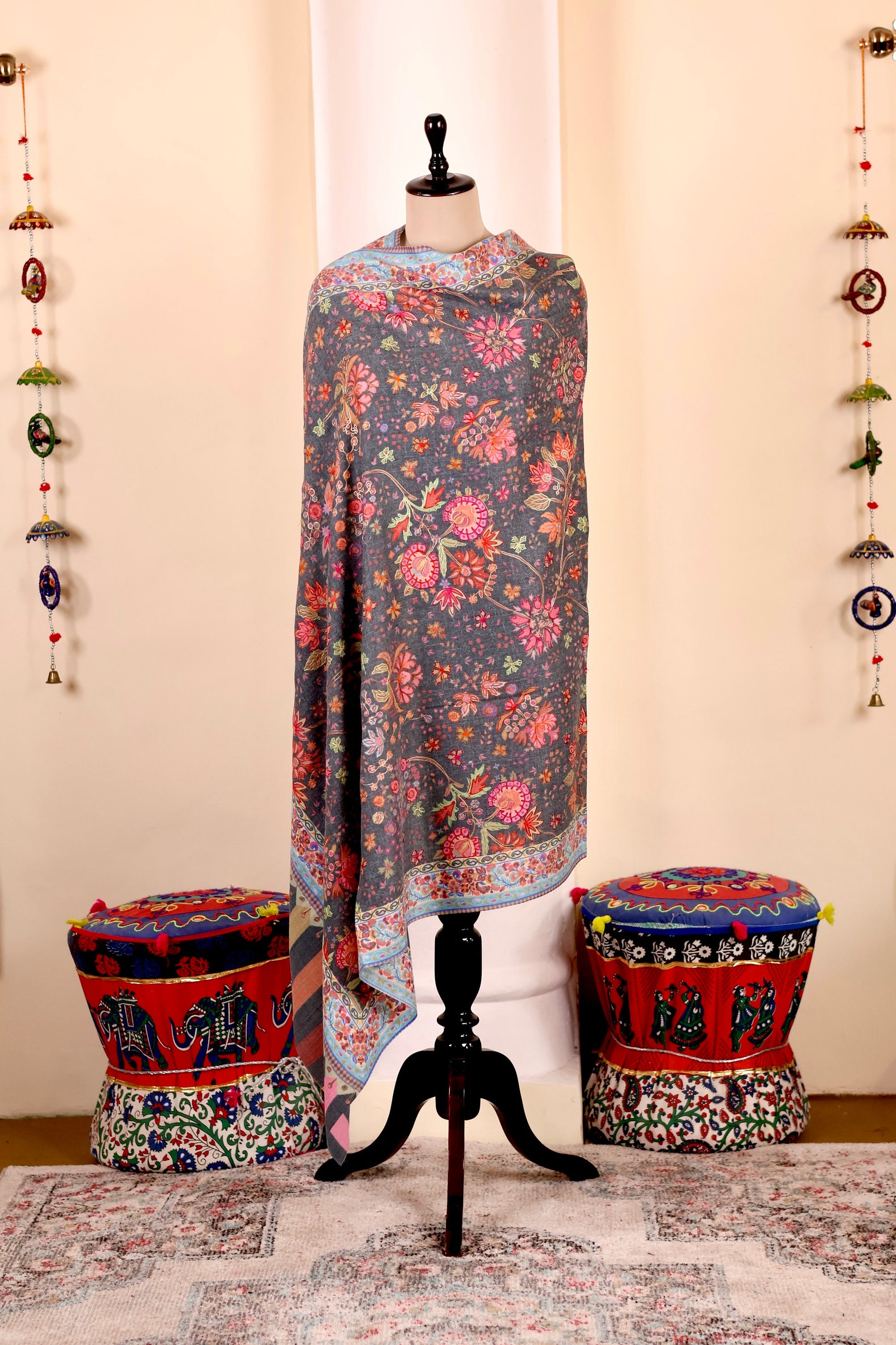 Kalamkari Pashmina Cashmere Shawl, Hand Embroidery Kashmiri Pashmina Silk Shawl, Premium Cashmere Shawl, Soft & Warm Shawls, Christmas Gift