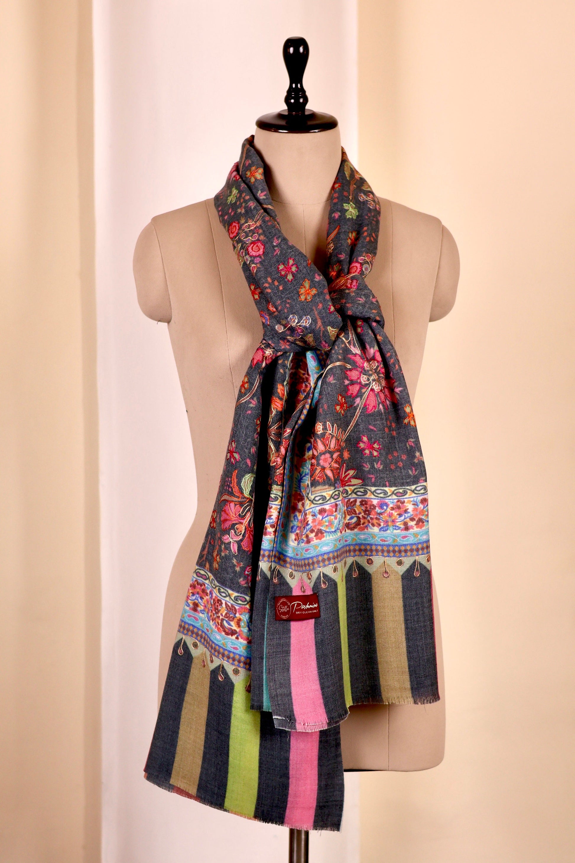 Kalamkari Pashmina Cashmere Shawl, Hand Embroidery Kashmiri Pashmina Silk Shawl, Premium Cashmere Shawl, Soft & Warm Shawls, Christmas Gift