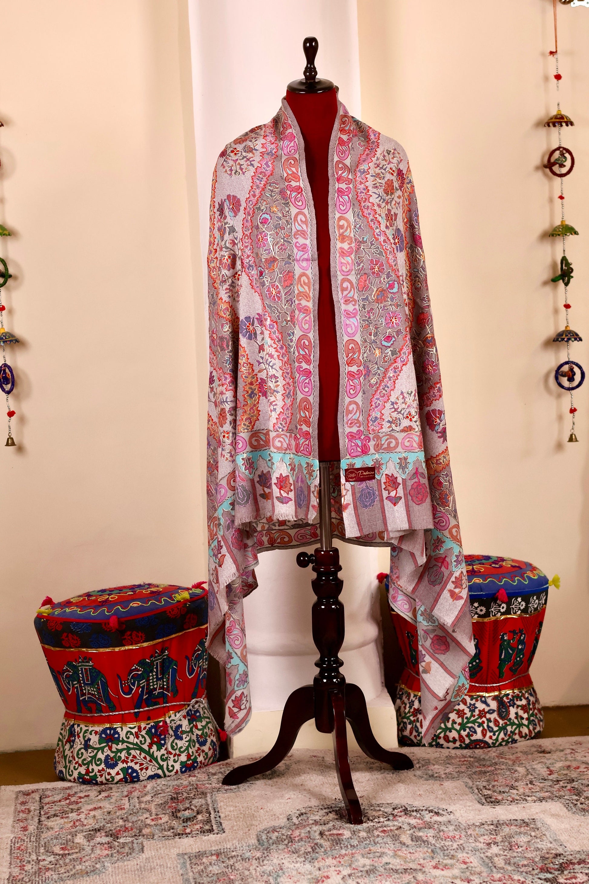 Kalamkari Pashmina Cashmere Shawl, Hand Embroidery Kashmiri Pashmina Silk Shawl, Premium Cashmere Shawl, Soft & Warm Shawls, Christmas Gift