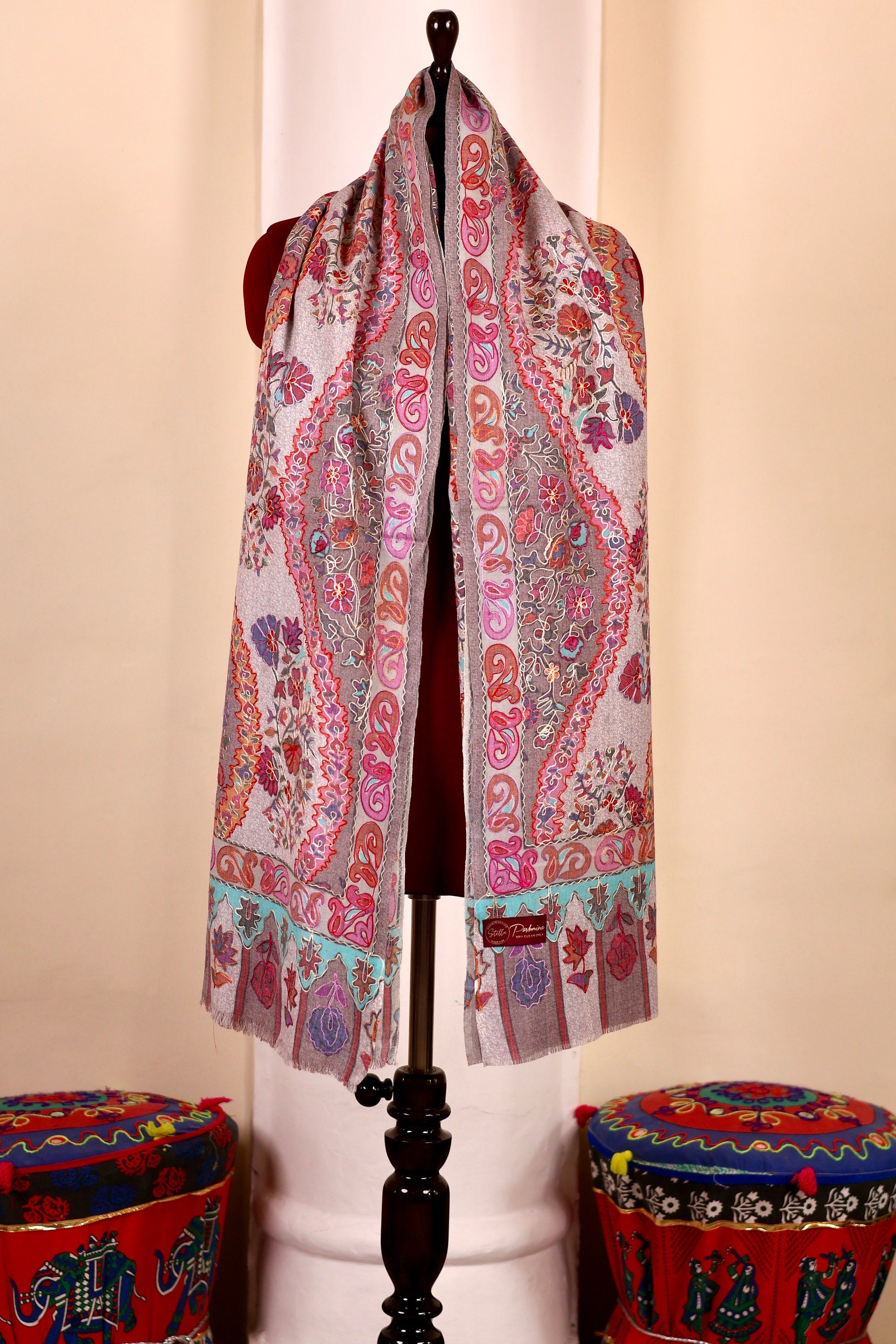 Kalamkari Pashmina Cashmere Shawl, Hand Embroidery Kashmiri Pashmina Silk Shawl, Premium Cashmere Shawl, Soft & Warm Shawls, Christmas Gift