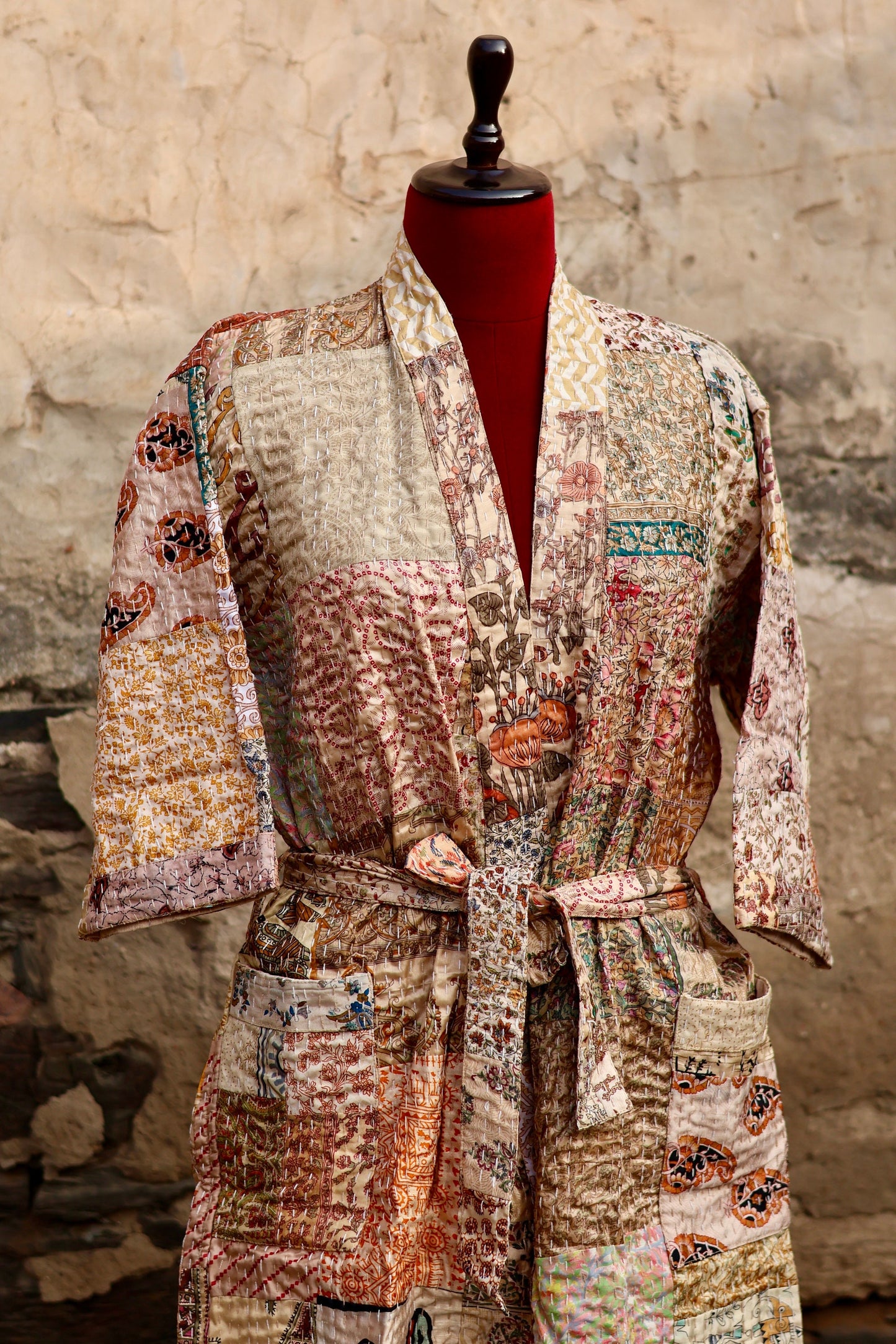 Vintage Handmade Silk Patchwork Kantha Kimono Robe | Beige Color Indian Silk Kantha Jacket Kimono Robe | Bridesmaid Robe | Kantha Kimono