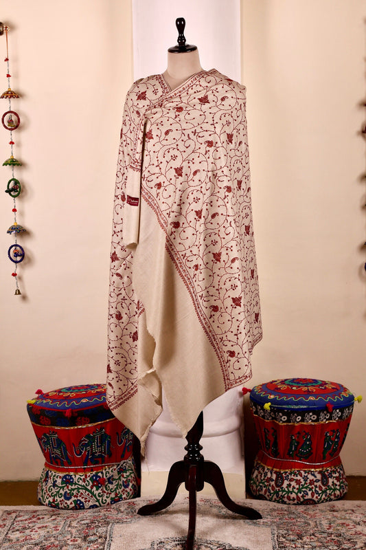 Beige Pashmina Cashmere Shawl, Sozni Embroidery Kashmiri Pashmina Silk Shawl, Premium Cashmere Scarfs, Soft & Warm Shawls, Christmas Gift