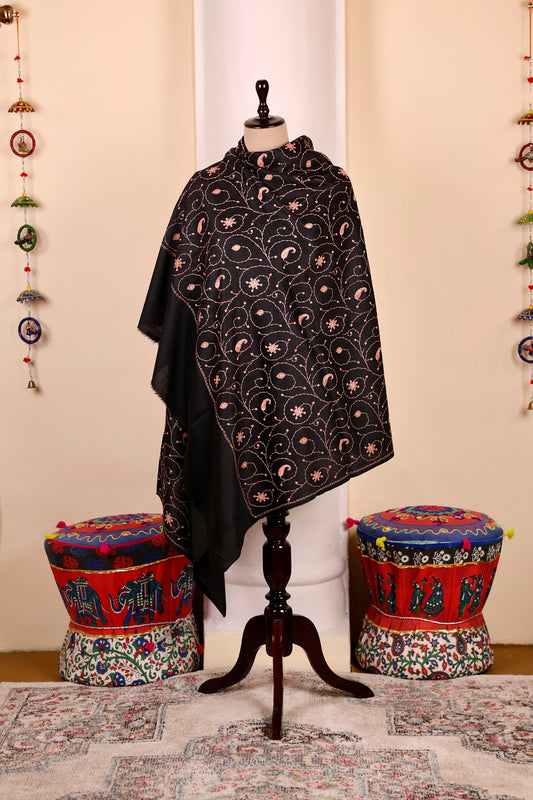 Black Pashmina Cashmere Shawl, Sozni Embroidery Kashmiri Pashmina Silk Shawl, Premium Cashmere Scarfs, Soft & Warm Shawls, Christmas Gift