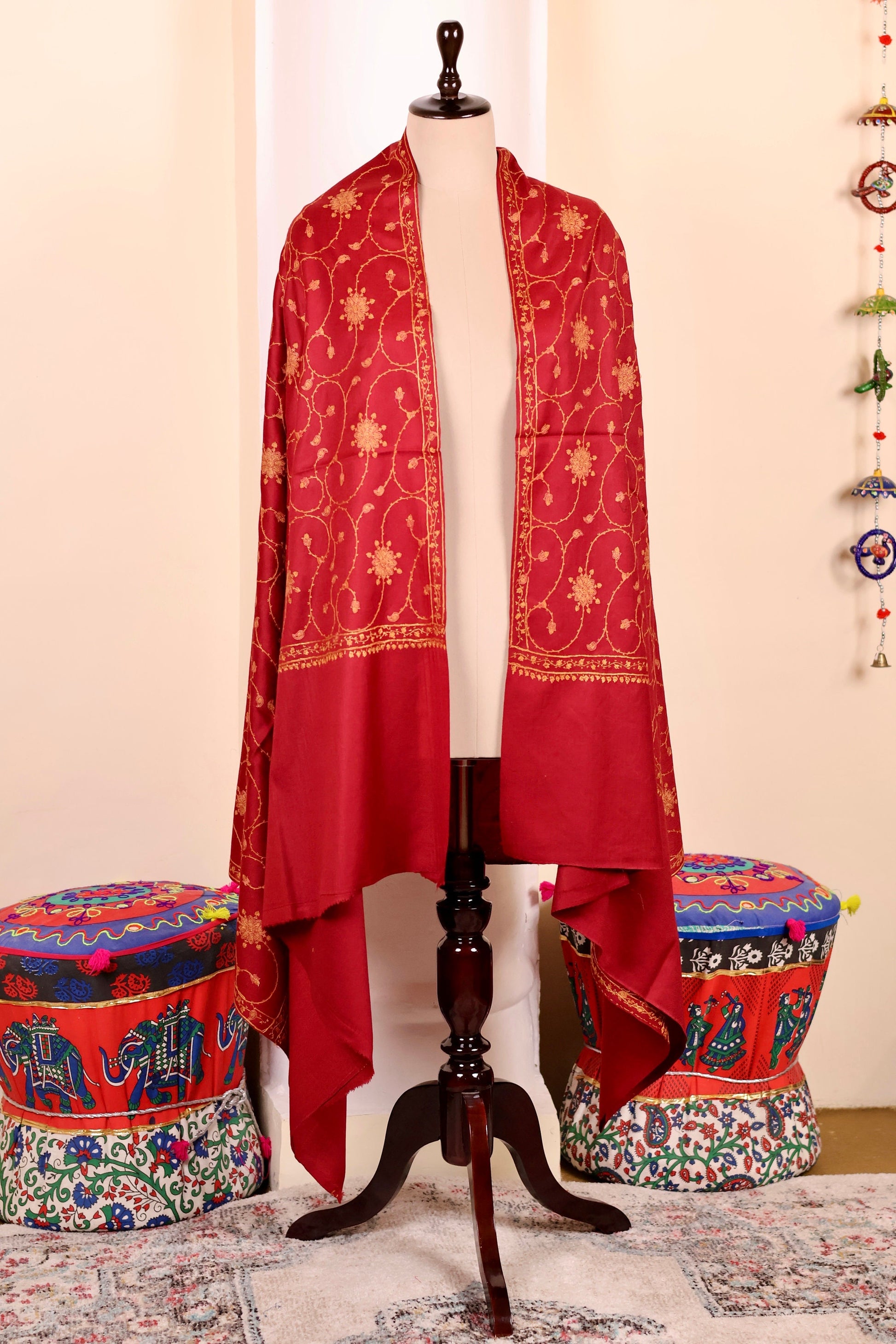 Red Pashmina Cashmere Shawl, Sozni Embroidery Kashmiri Pashmina Silk Shawl, Premium Cashmere Scarfs, Soft & Warm Shawls, Christmas Gift