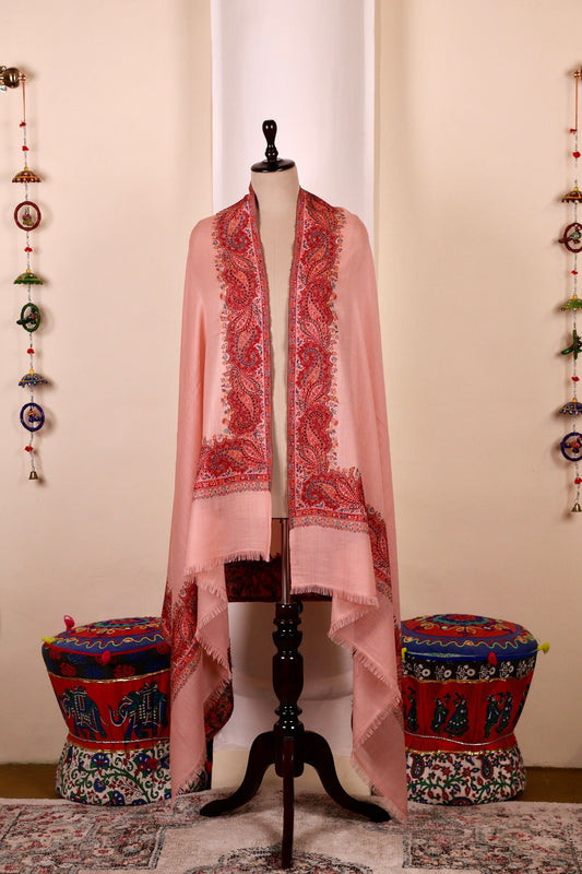 Pink Pashmina Cashmere Shawl, Kalamkari Embroidery Kashmiri Pashmina Silk Shawl, Premium Cashmere Scarfs, Soft & Warm Shawls, Christmas Gift