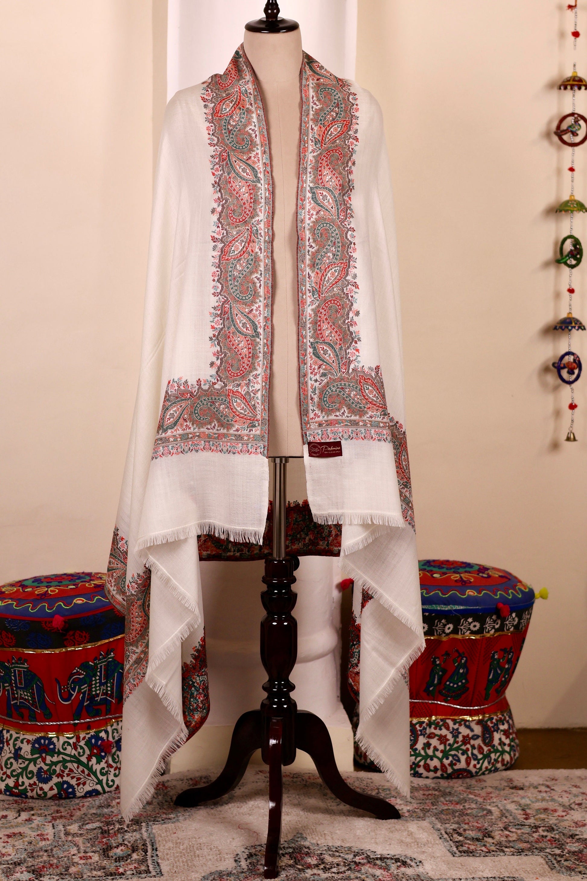 White Pashmina Cashmere Shawl, Kalamkari Embroidery Kashmiri Pashmina Silk Shawl, Premium Cashmere Scarfs, Soft & Warm Shawls Christmas Gift