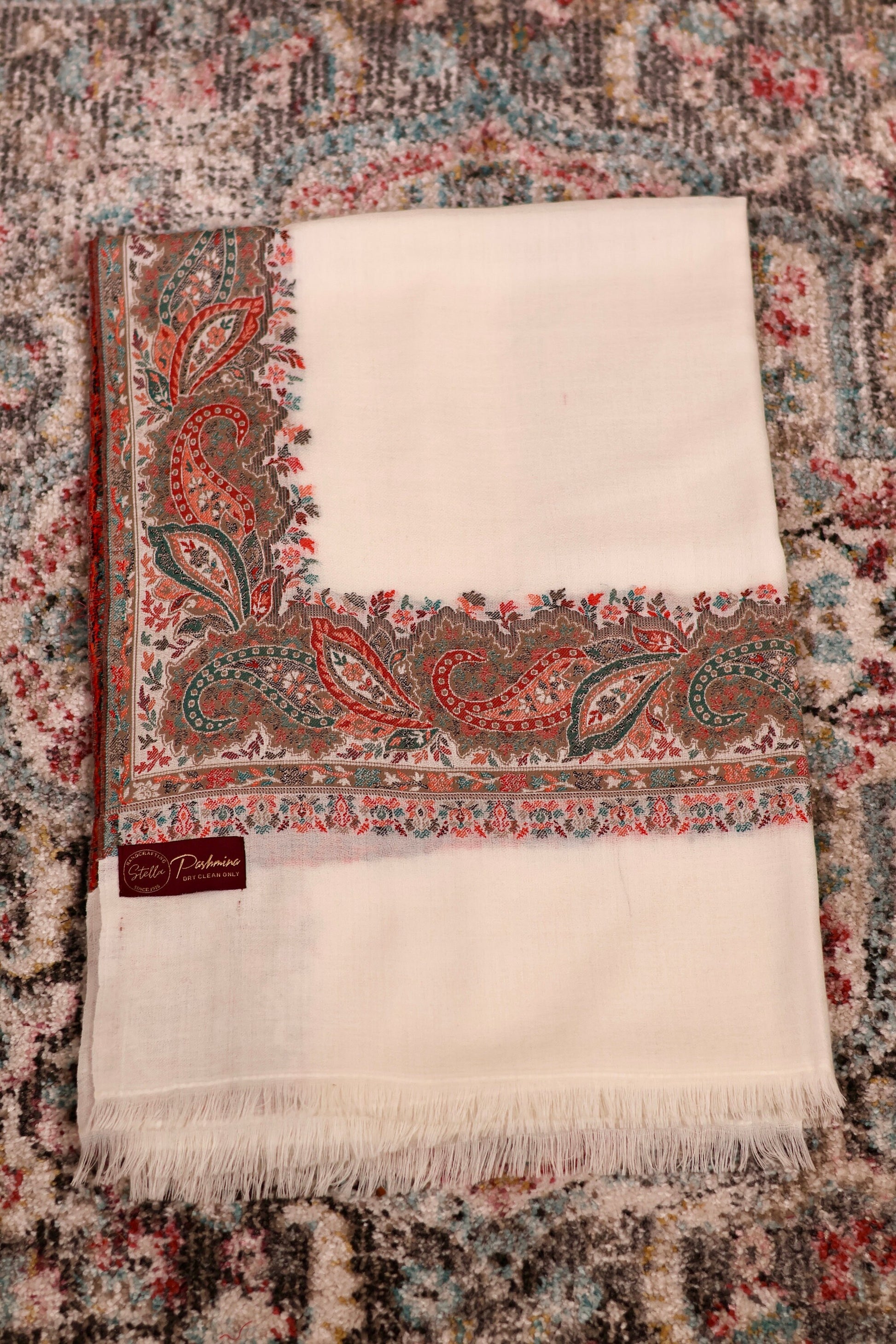 White Pashmina Cashmere Shawl, Kalamkari Embroidery Kashmiri Pashmina Silk Shawl, Premium Cashmere Scarfs, Soft & Warm Shawls Christmas Gift