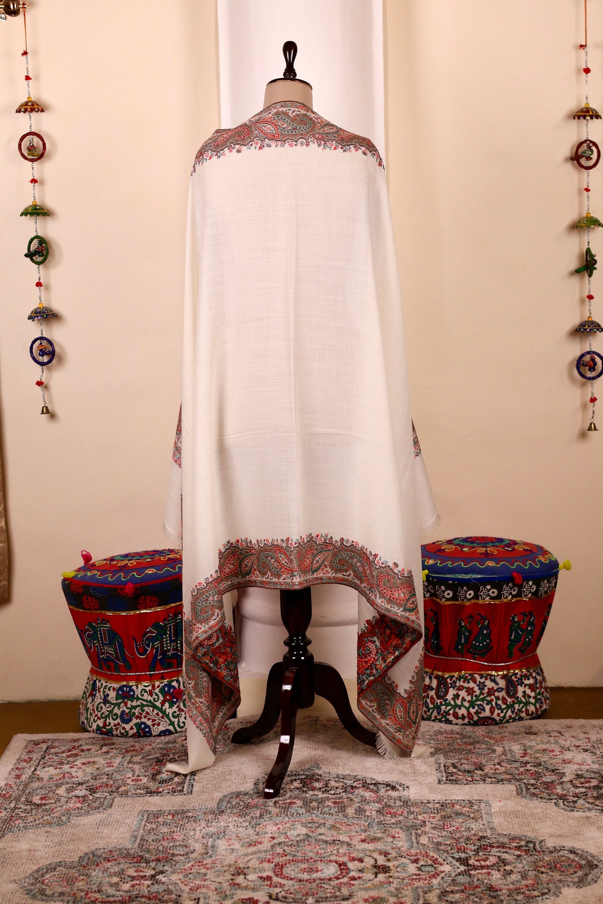 White Pashmina Cashmere Shawl, Kalamkari Embroidery Kashmiri Pashmina Silk Shawl, Premium Cashmere Scarfs, Soft & Warm Shawls Christmas Gift