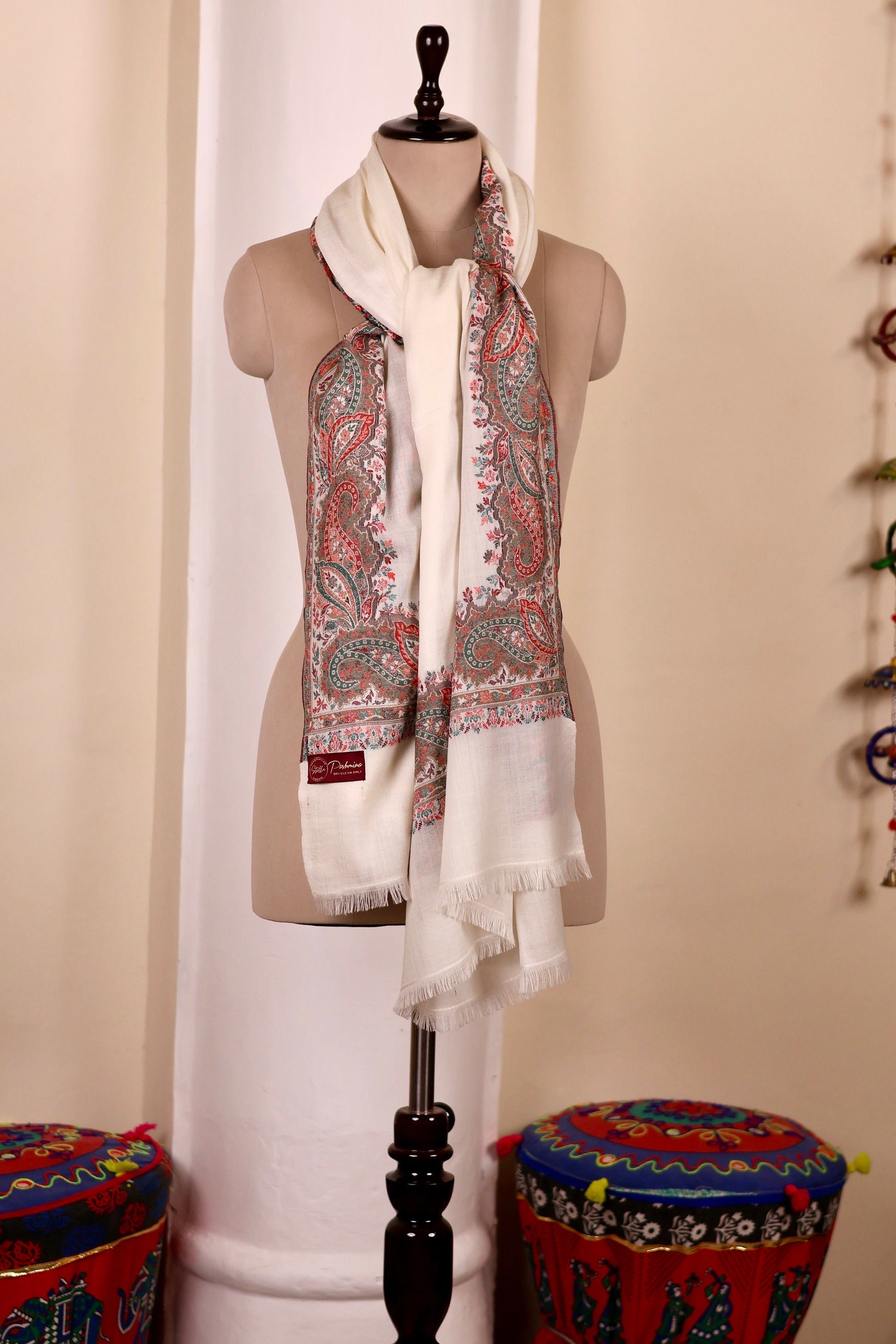 White Pashmina Cashmere Shawl, Kalamkari Embroidery Kashmiri Pashmina Silk Shawl, Premium Cashmere Scarfs, Soft & Warm Shawls Christmas Gift
