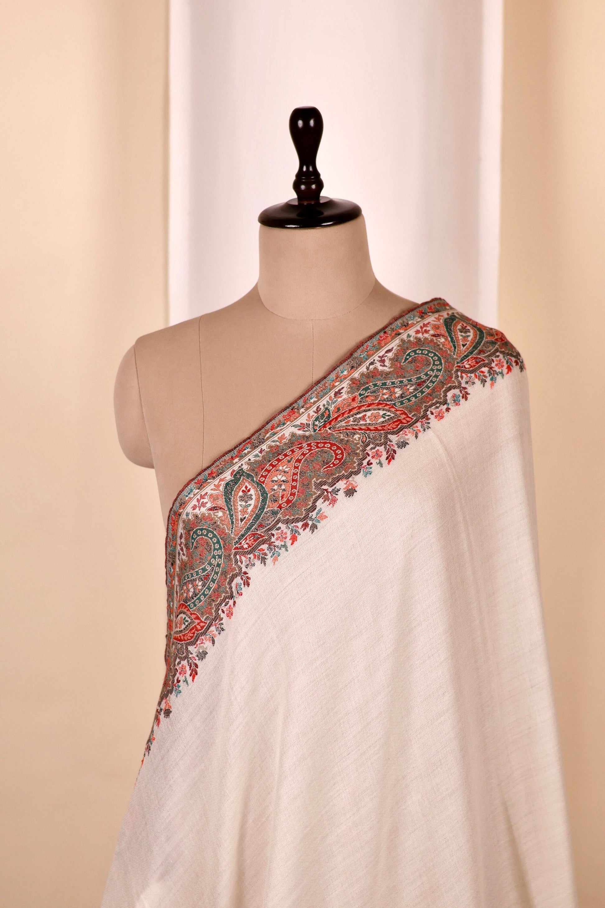 White Pashmina Cashmere Shawl, Kalamkari Embroidery Kashmiri Pashmina Silk Shawl, Premium Cashmere Scarfs, Soft & Warm Shawls Christmas Gift