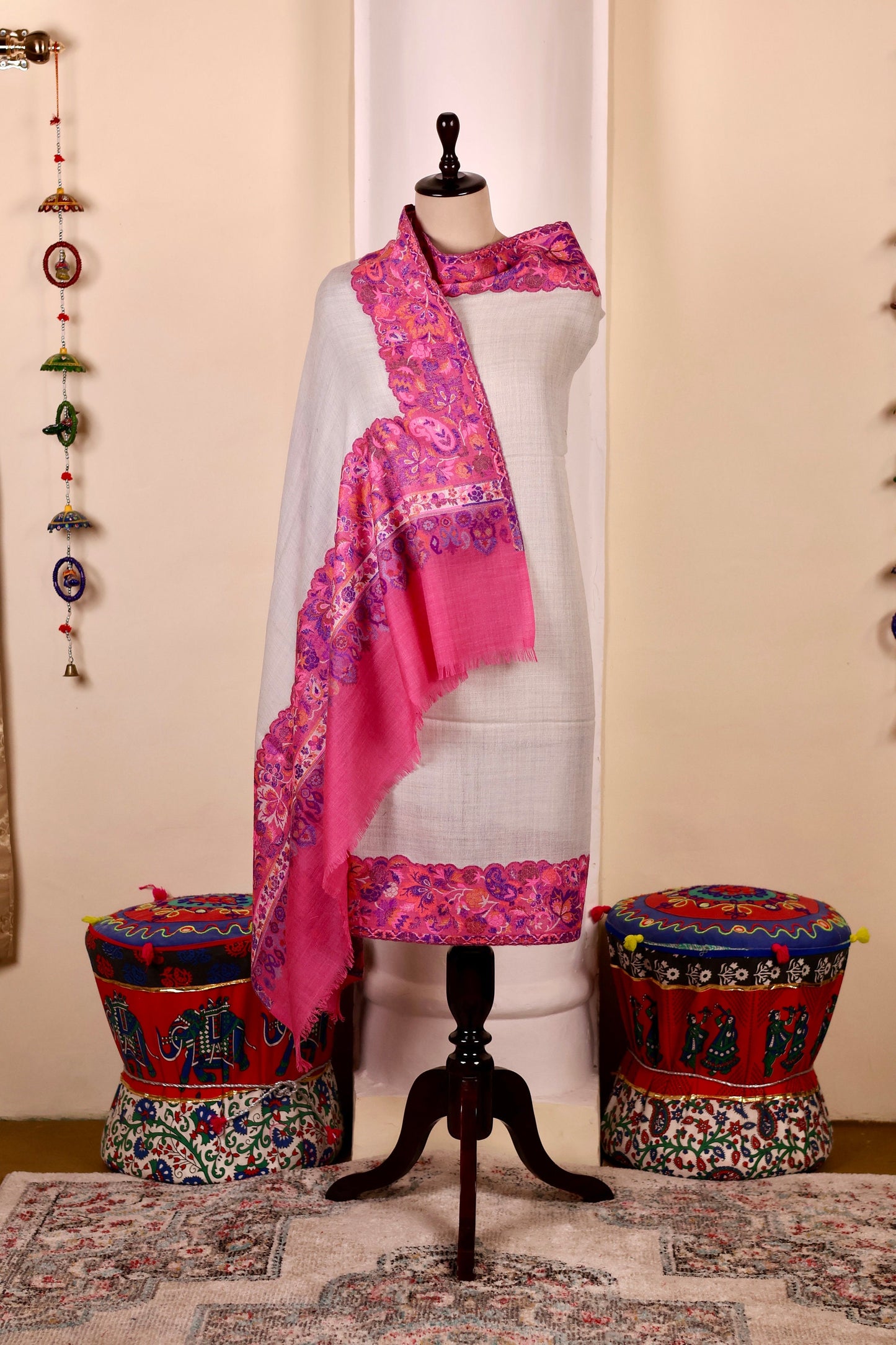 Pink Pashmina Cashmere Shawl, Kalamkari Kashmiri Pashmina Silk Shawl, Premium Cashmere Scarfs, Soft & Warm Shawls Christmas Gift