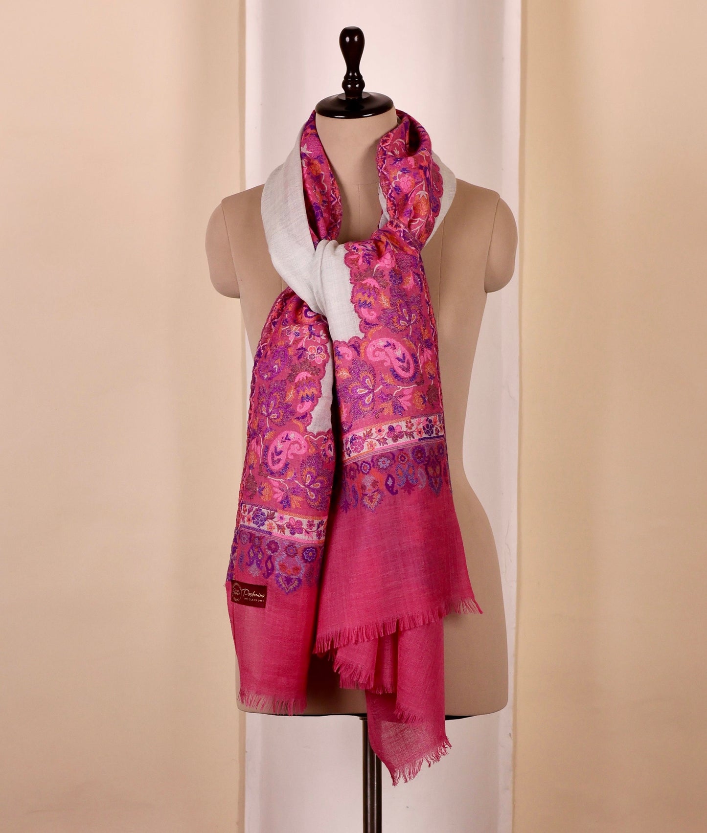 Pink Pashmina Cashmere Shawl, Kalamkari Kashmiri Pashmina Silk Shawl, Premium Cashmere Scarfs, Soft & Warm Shawls Christmas Gift
