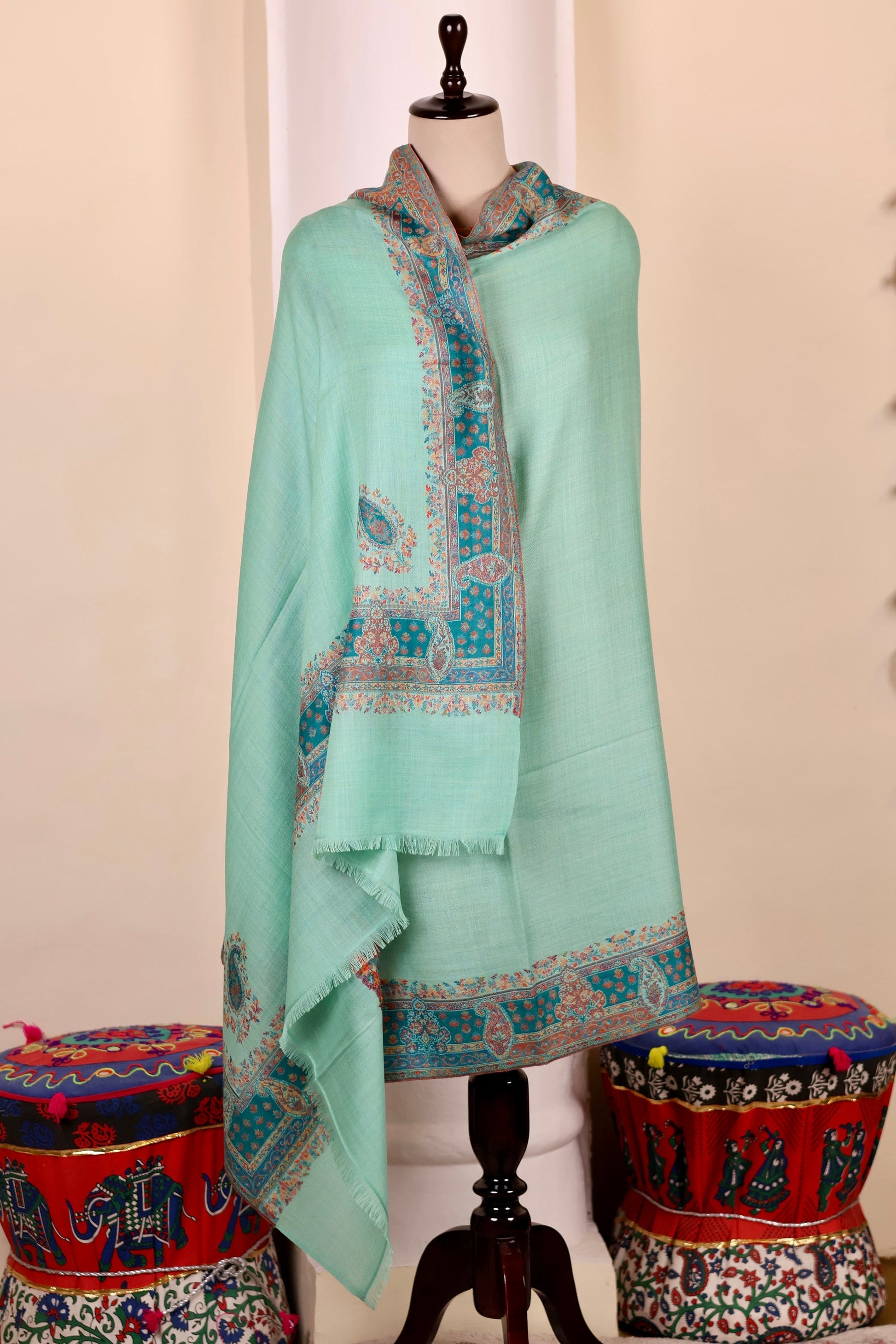Green Pashmina Cashmere Shawl, Kalamkari Kashmiri Pashmina Silk Shawl, Premium Cashmere Scarfs, Soft & Warm Shawls Christmas Gift