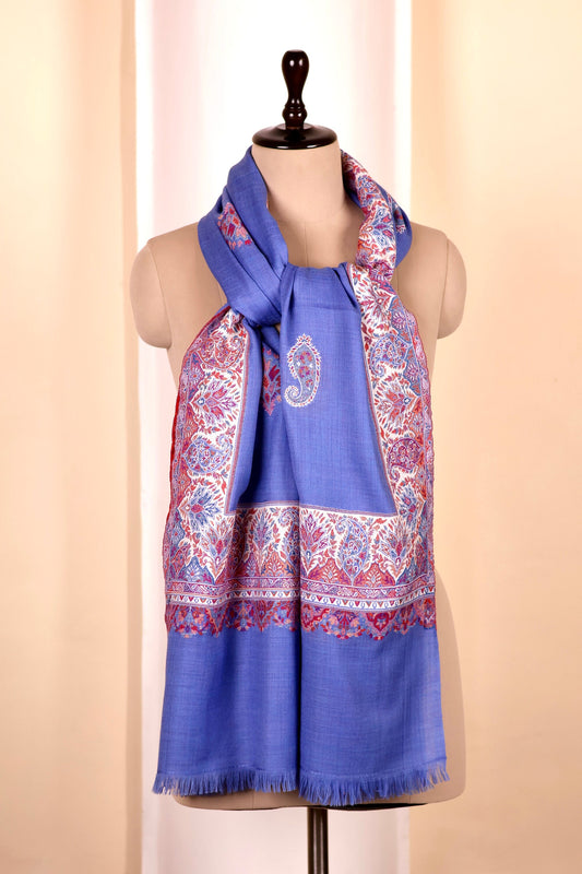 Blue Pashmina Cashmere Shawl, Kalamkari Kashmiri Pashmina Silk Shawl, Premium Cashmere Scarfs, Soft & Warm Shawls Christmas Gift