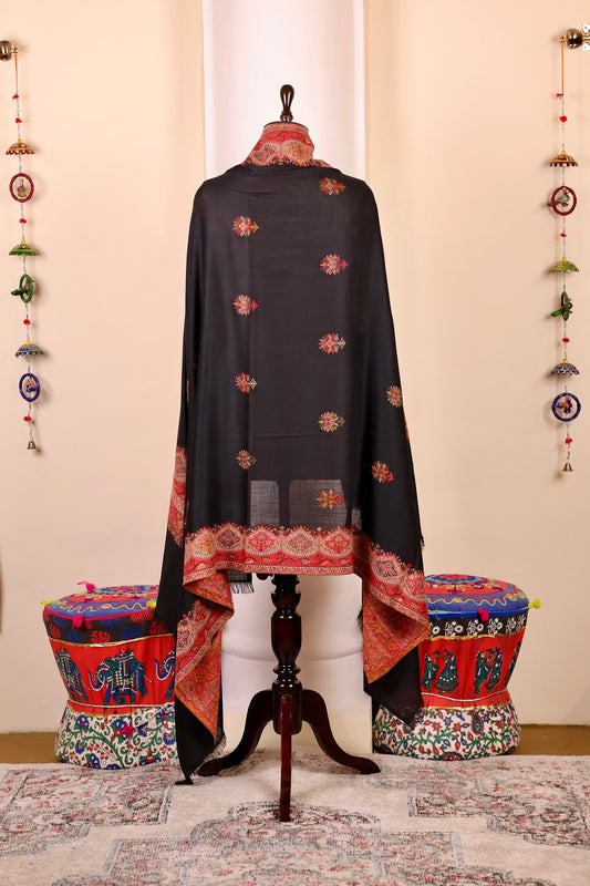 Pashmina Cashmere Shawl, Kalamkari Embroidery Kashmiri Black Pashmina Silk Shawl, Premium Cashmere Scarfs, Soft & Warm Shawls Christmas Gift