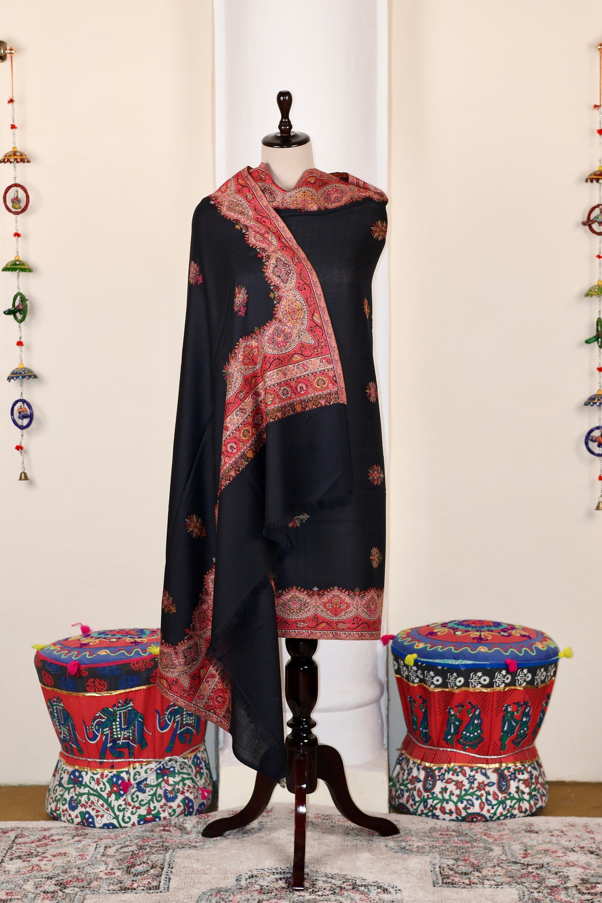Pashmina Cashmere Shawl, Kalamkari Embroidery Kashmiri Black Pashmina Silk Shawl, Premium Cashmere Scarfs, Soft & Warm Shawls Christmas Gift