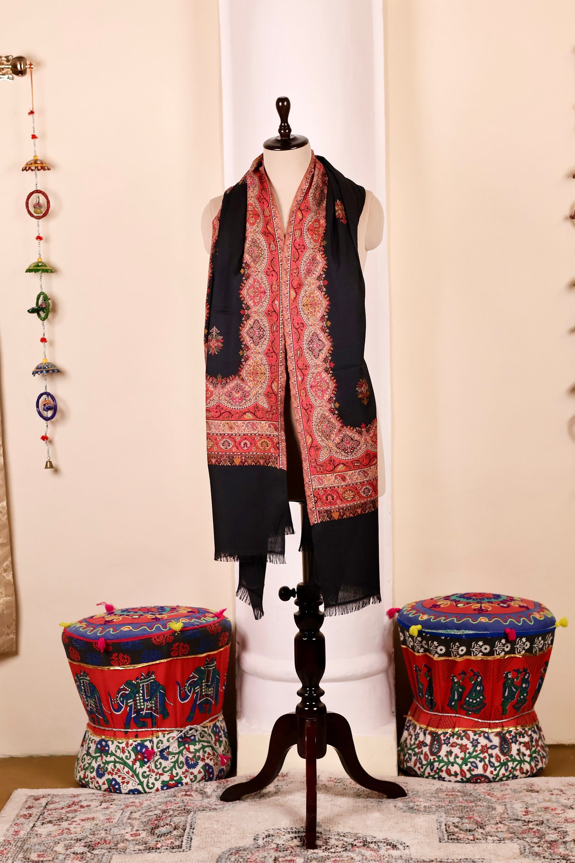 Pashmina Cashmere Shawl, Kalamkari Embroidery Kashmiri Black Pashmina Silk Shawl, Premium Cashmere Scarfs, Soft & Warm Shawls Christmas Gift