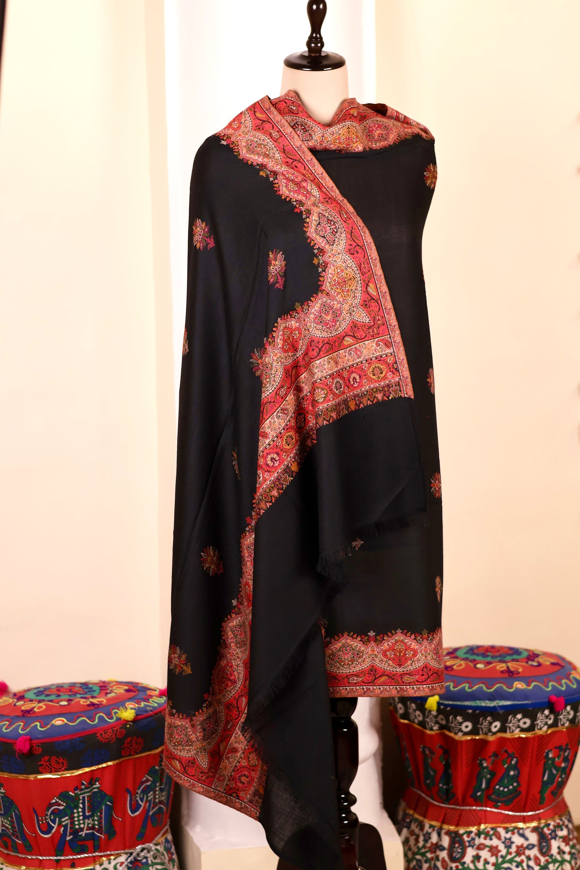 Pashmina Cashmere Shawl, Kalamkari Embroidery Kashmiri Black Pashmina Silk Shawl, Premium Cashmere Scarfs, Soft & Warm Shawls Christmas Gift