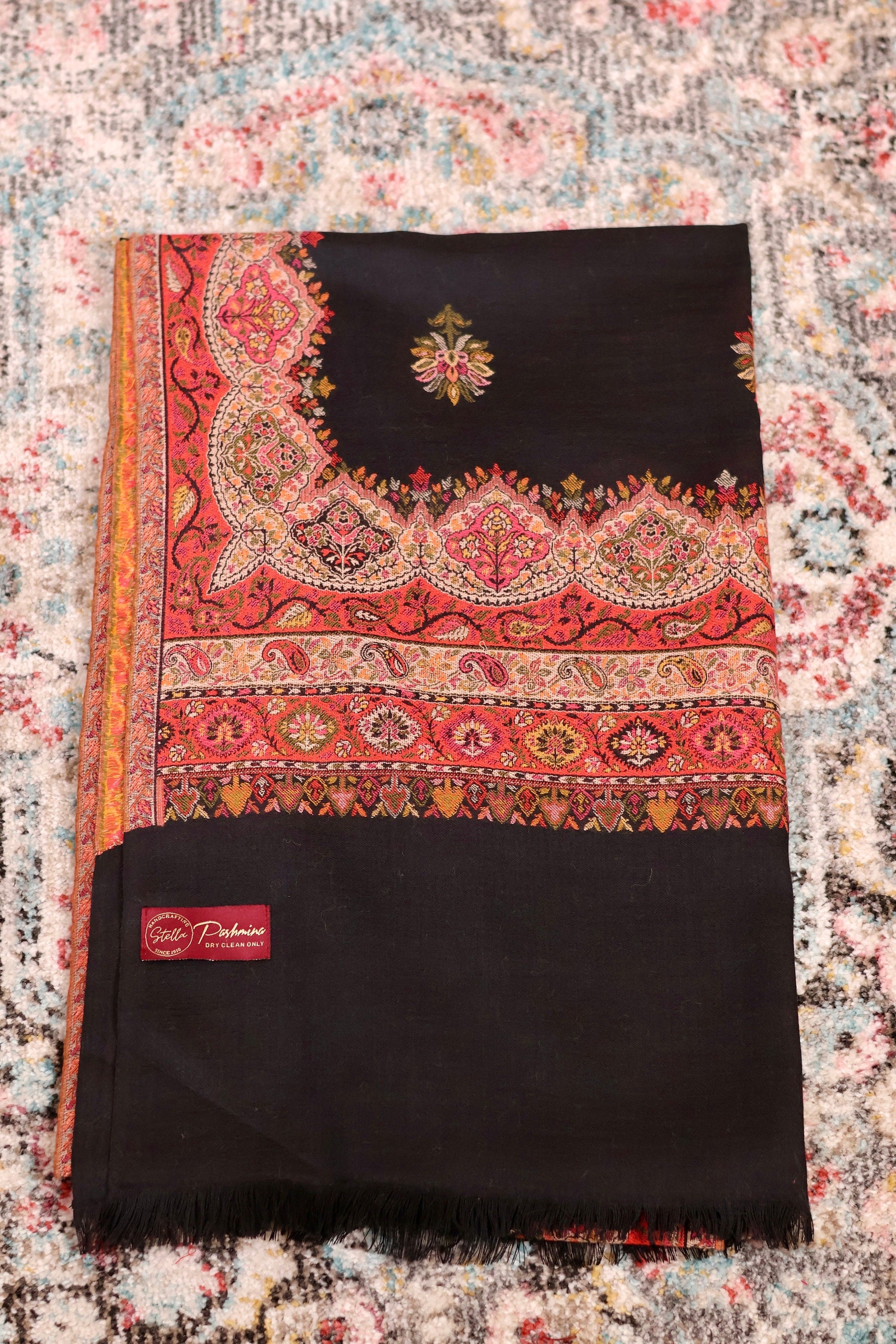 Pashmina Cashmere Shawl, Kalamkari Embroidery Kashmiri Black Pashmina Silk Shawl, Premium Cashmere Scarfs, Soft & Warm Shawls Christmas Gift