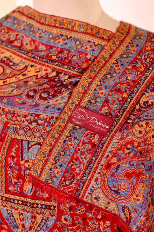 Red Pashmina Cashmere Shawl, Kalamkari Embroidery Kashmiri Pashmina Silk Shawl, Premium Cashmere Shawl, Soft & Warm Shawls, Christmas Gift