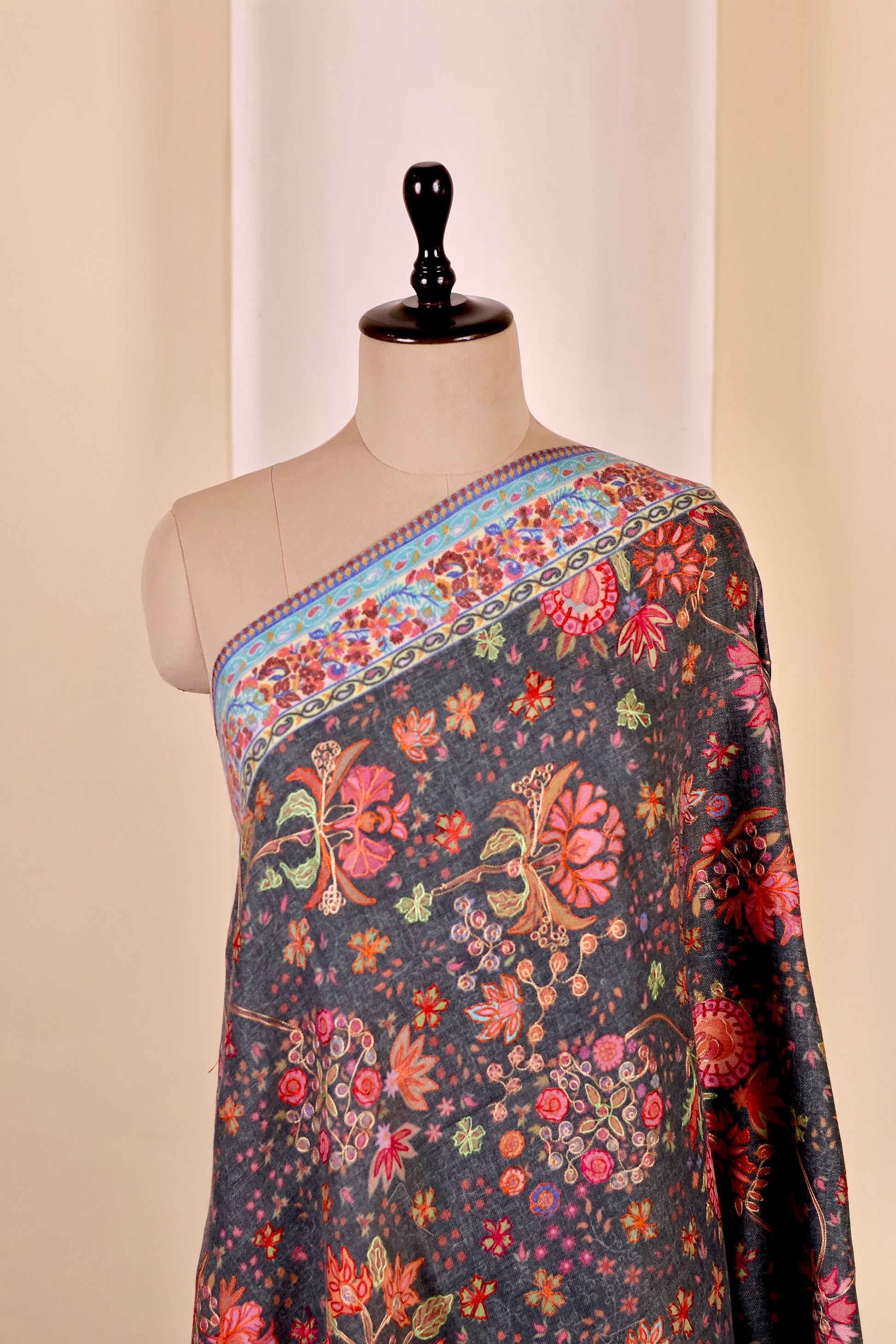 Kalamkari Pashmina Cashmere Shawl, Hand Embroidery Kashmiri Pashmina Silk Shawl, Premium Cashmere Shawl, Soft & Warm Shawls, Christmas Gift
