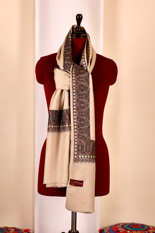 Authentic Pashmina Cashmere Shawl, Handmade Beige Kashmiri Pashmina Silk Shawl, Premium Cashmere Scarfs, Soft & Warm Shawls, Christmas Gift