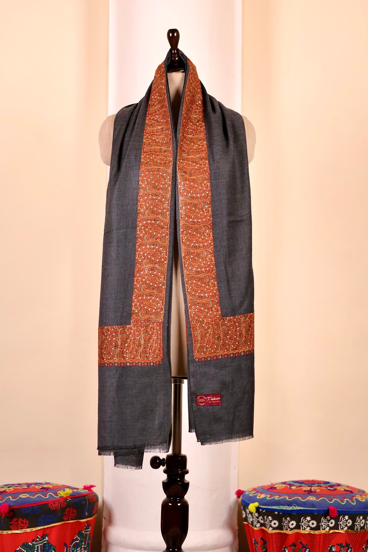 Elegant Pashmina Cashmere Shawl, Dark Grey Handmade Kashmiri Pashmina Silk Shawl, Premium Cashmere Scarfs, Soft & Warm Shawls Christmas Gift