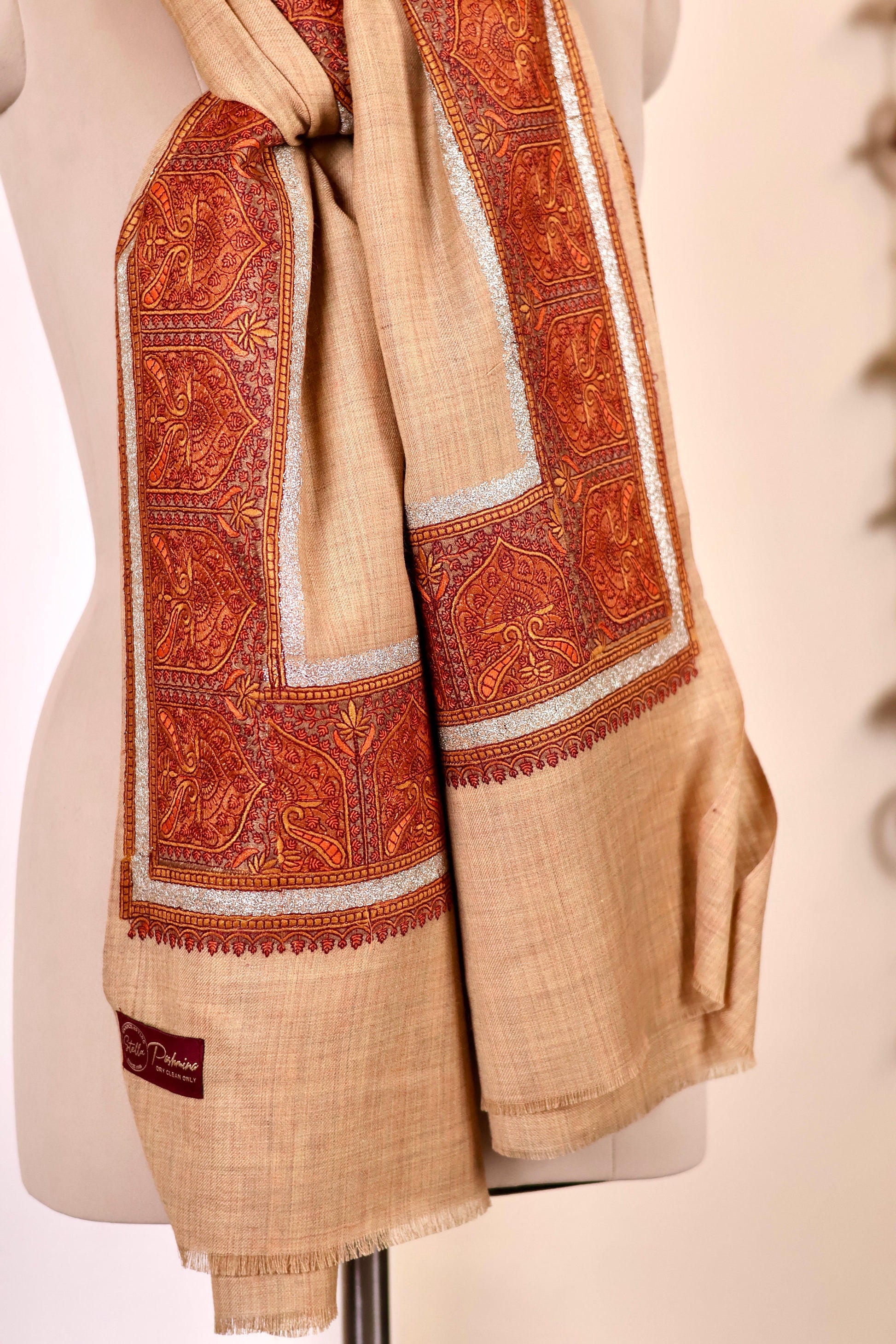 Elegant Pashmina Cashmere Shawl, Beige Handmade Kashmiri Pashmina Silk Shawl, Premium Cashmere Scarfs, Soft & Warm Shawls, Christmas Gift