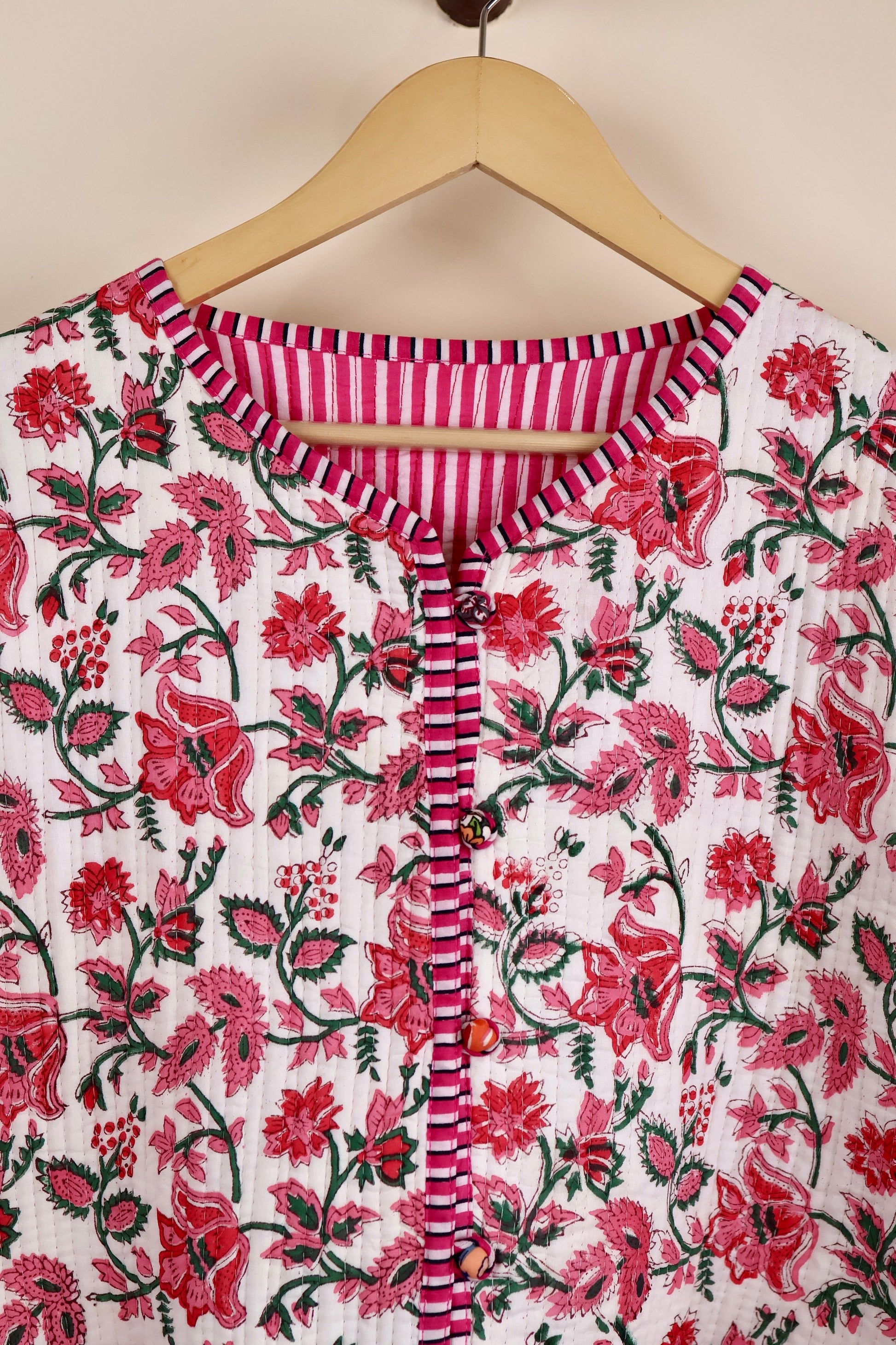 HandBlock Printed Quilted Cotton Jackets | White & Pink Floral Women's Coat | Reversible Bohemian Style Indian Handmade Quilted Jackets