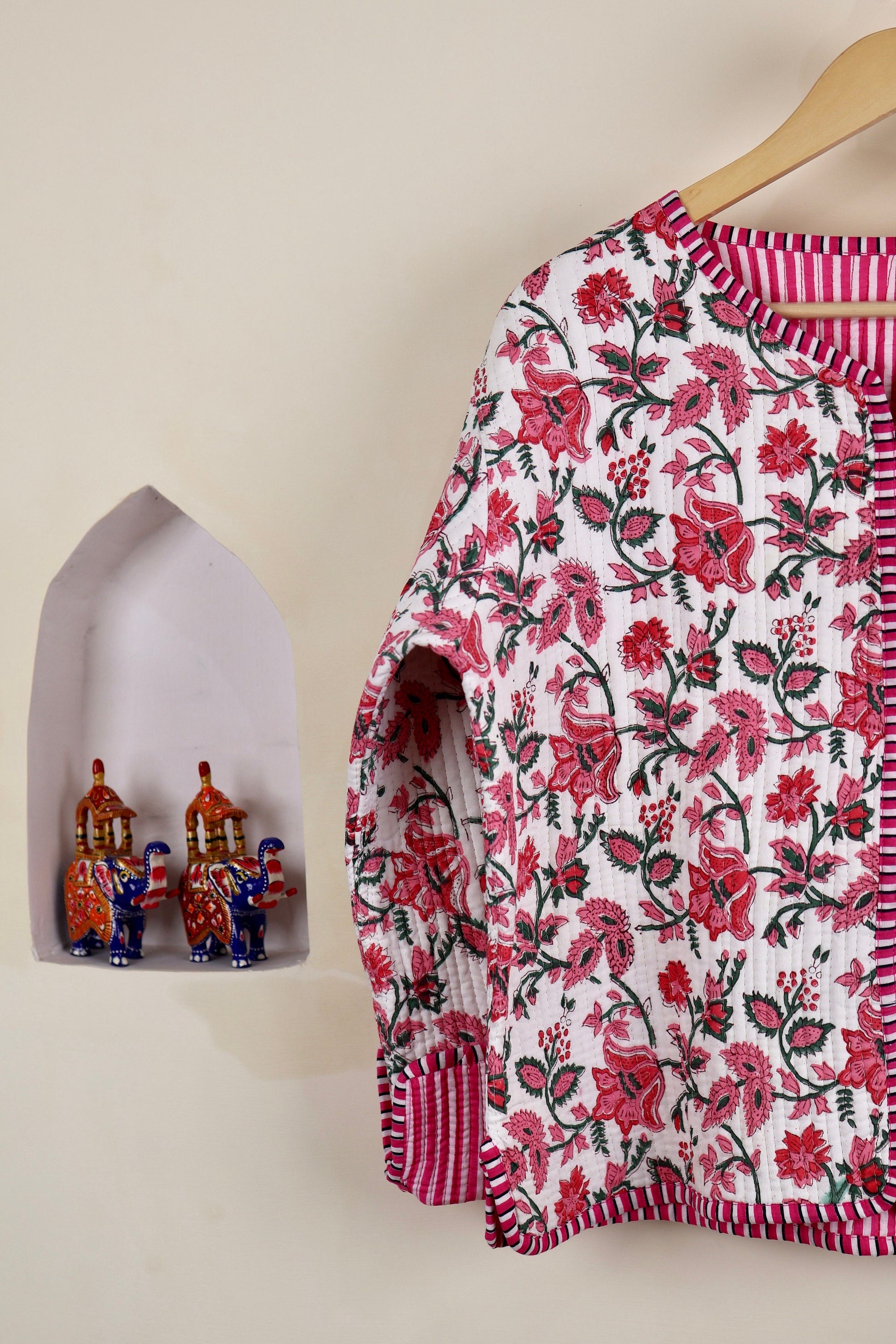 HandBlock Printed Quilted Cotton Jackets | White & Pink Floral Women's Coat | Reversible Bohemian Style Indian Handmade Quilted Jackets