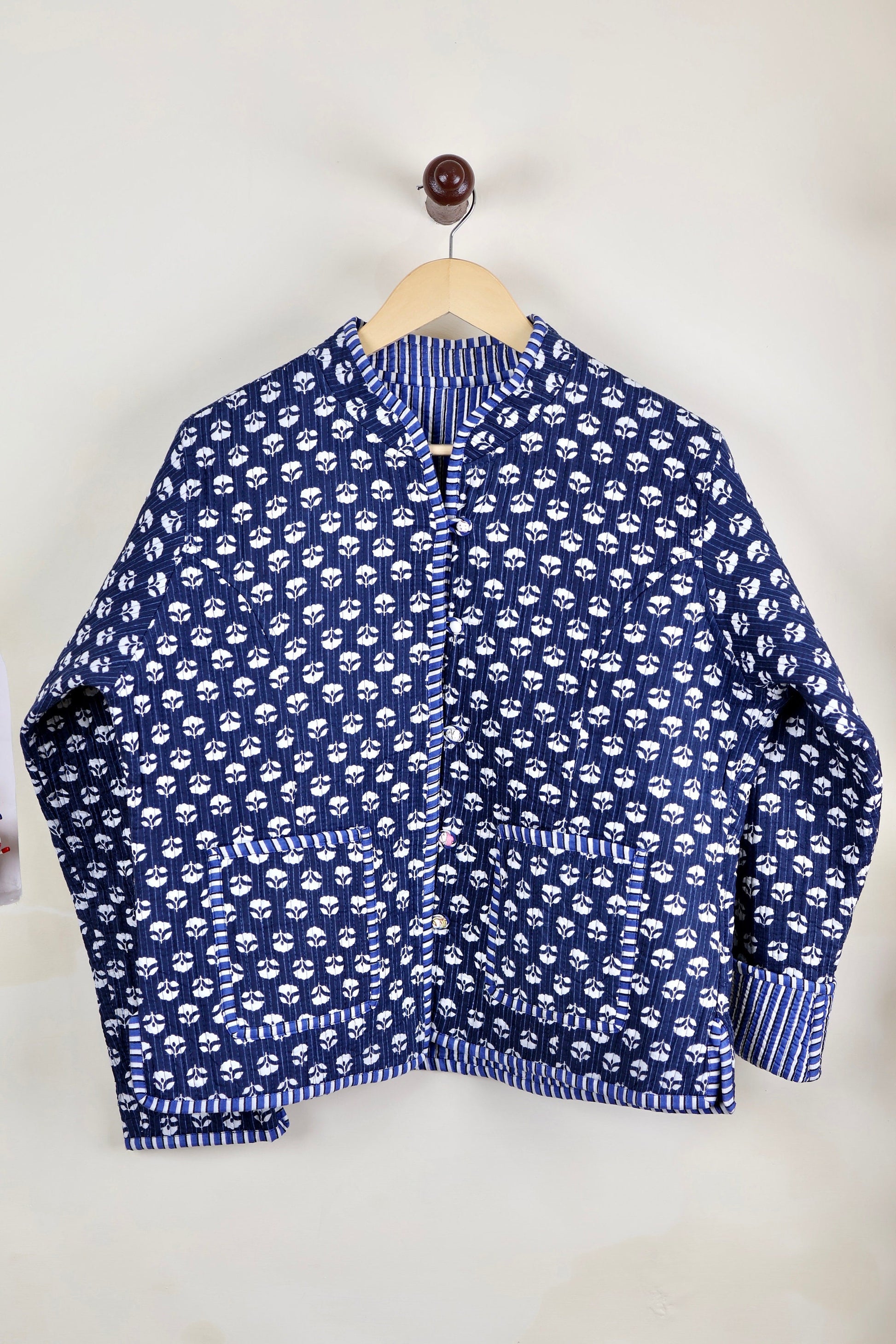 HandBlock Printed Quilted Cotton Jackets | Blue & White Indigo Print Women's Coat | Reversible Bohemian Style Indian Handmade Quilted Jacket