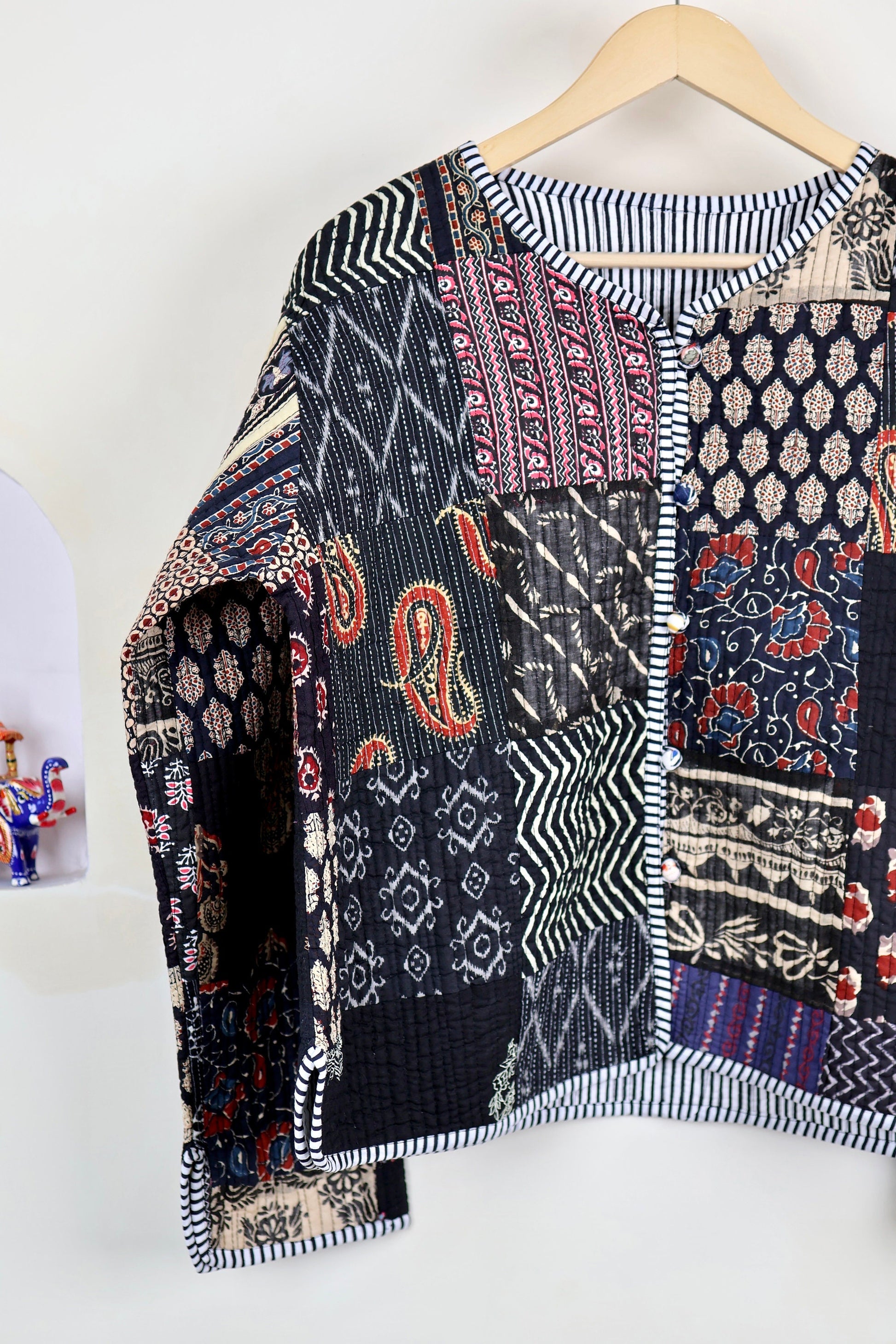 Black Patchwork Quilted Cotton Jackets | Fall Winter Floral Women's Coat | HandBlock Printed Reversible Bohemian Style Quilted Jackets