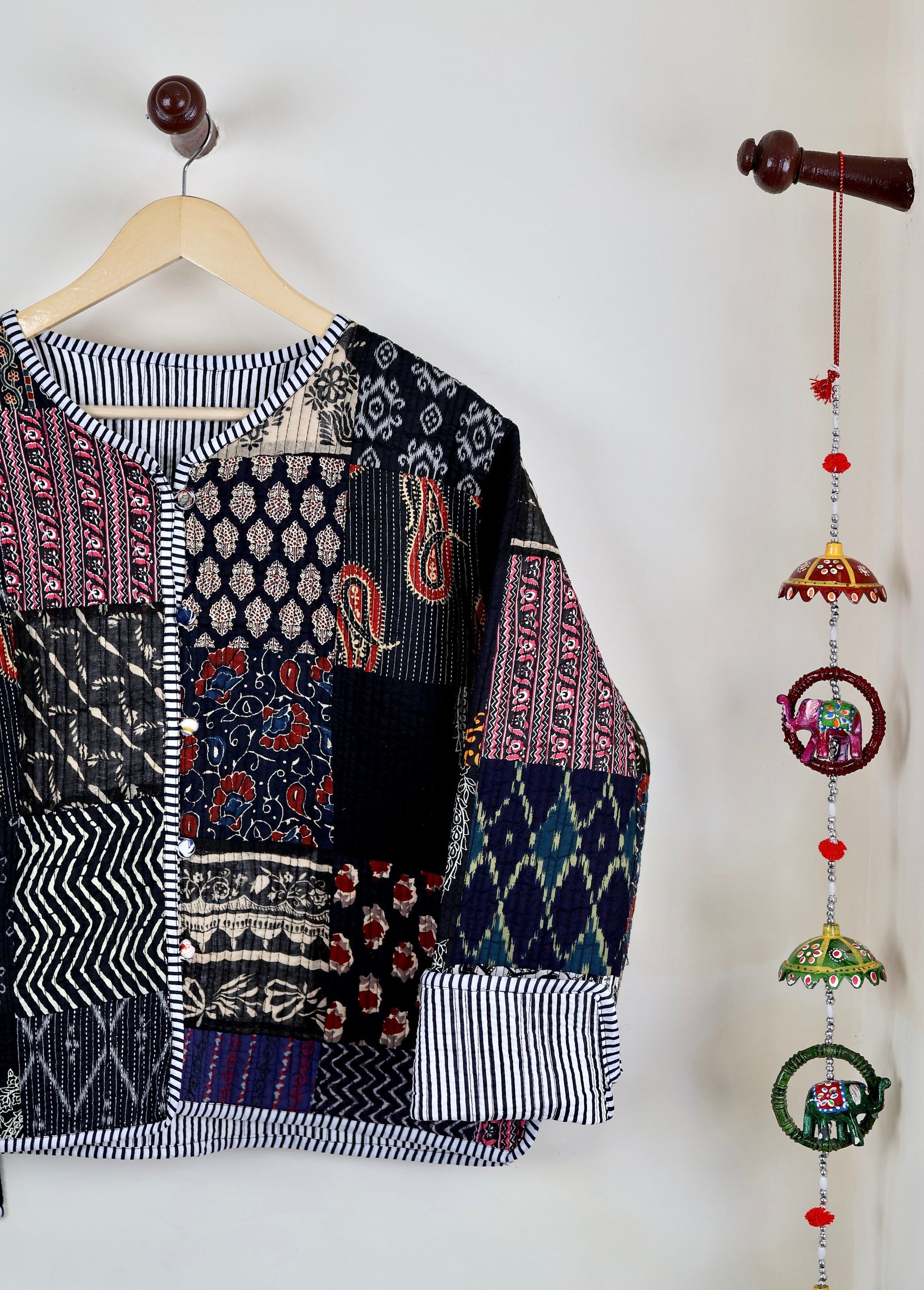 Black Patchwork Quilted Cotton Jackets | Fall Winter Floral Women's Coat | HandBlock Printed Reversible Bohemian Style Quilted Jackets