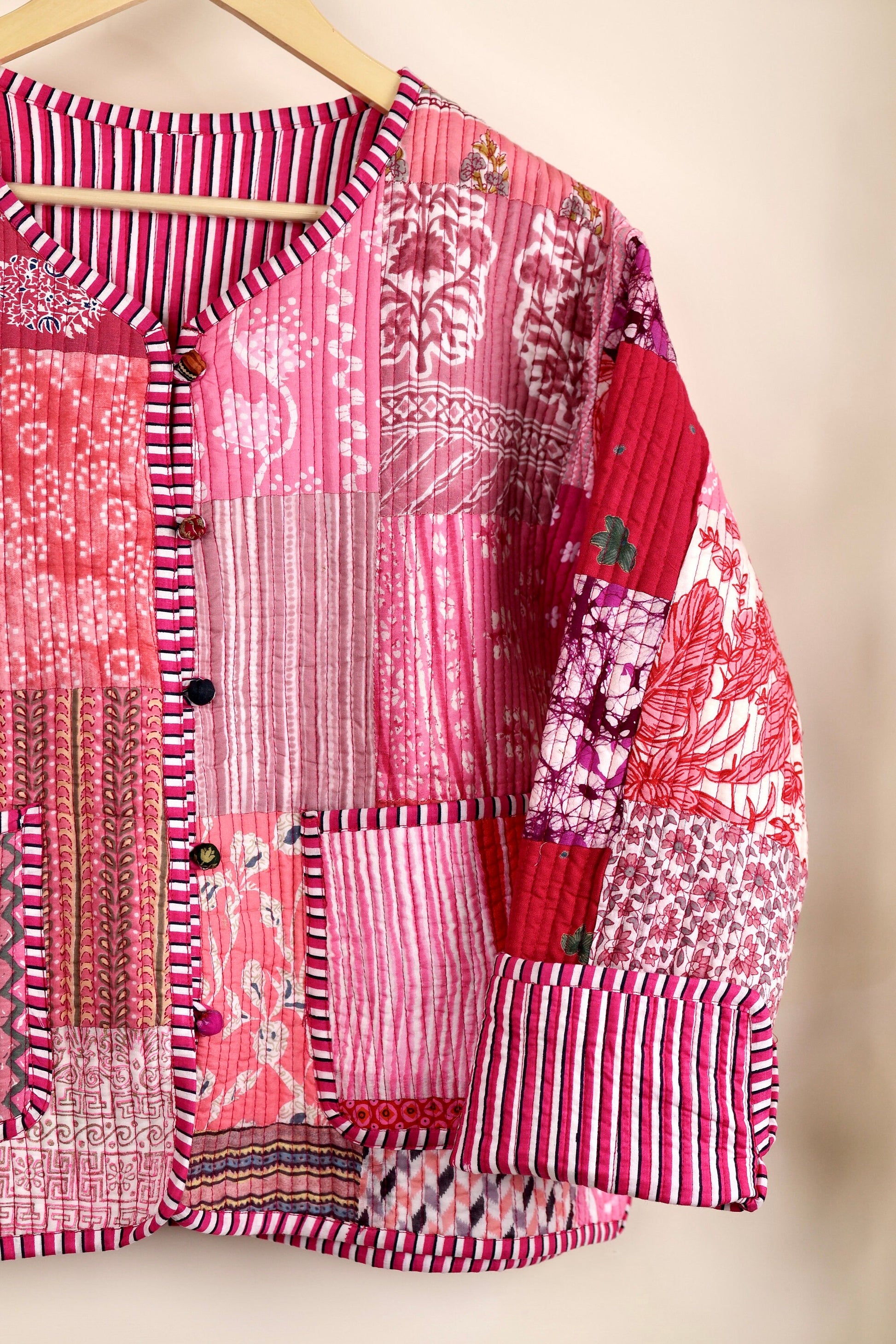Pink Patchwork Quilted Cotton Jackets | Fall Winter Floral Women's Coat | HandBlock Printed Reversible Bohemian Style Quilted Jackets