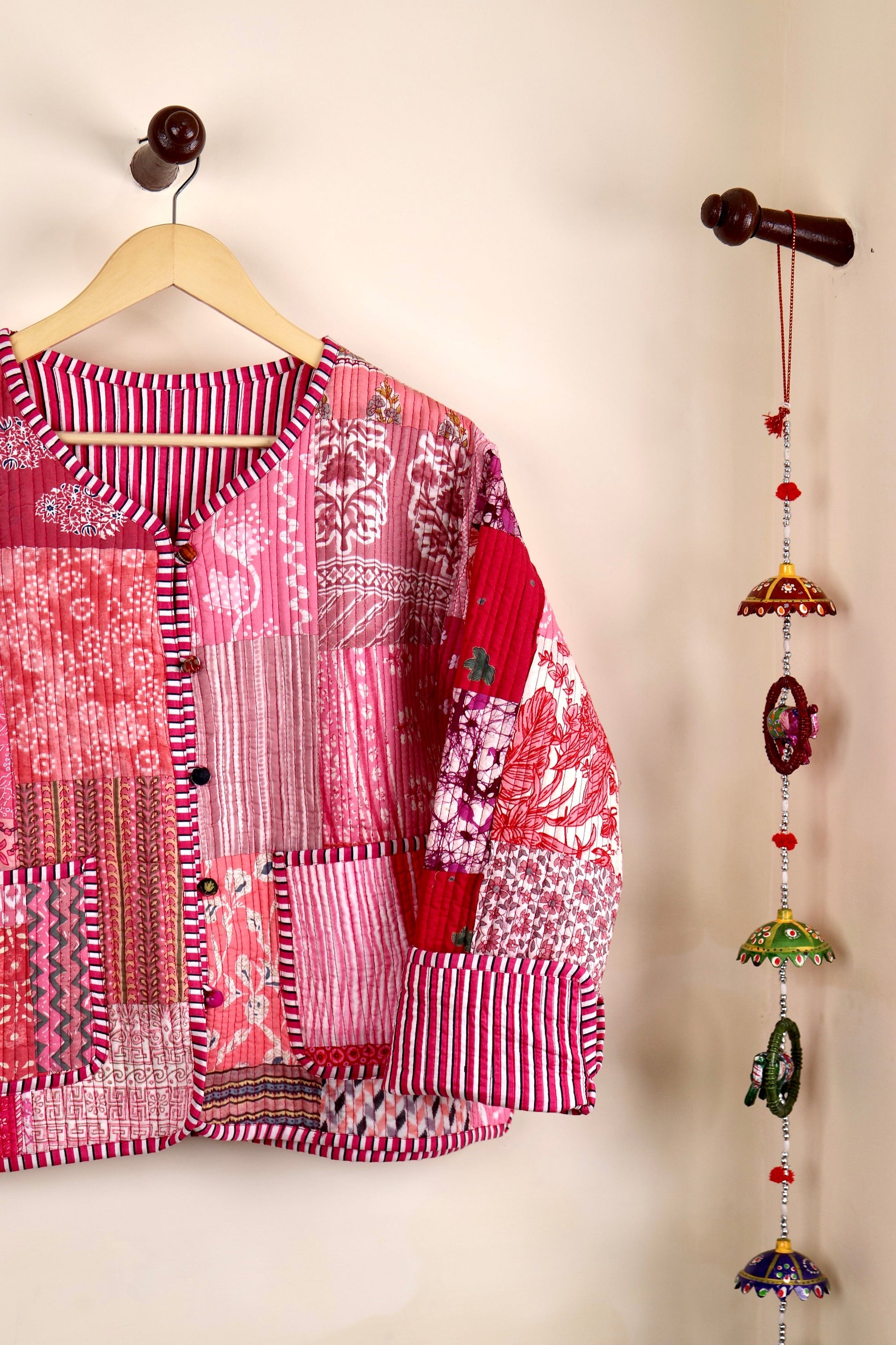 Pink Patchwork Quilted Cotton Jackets | Fall Winter Floral Women's Coat | HandBlock Printed Reversible Bohemian Style Quilted Jackets