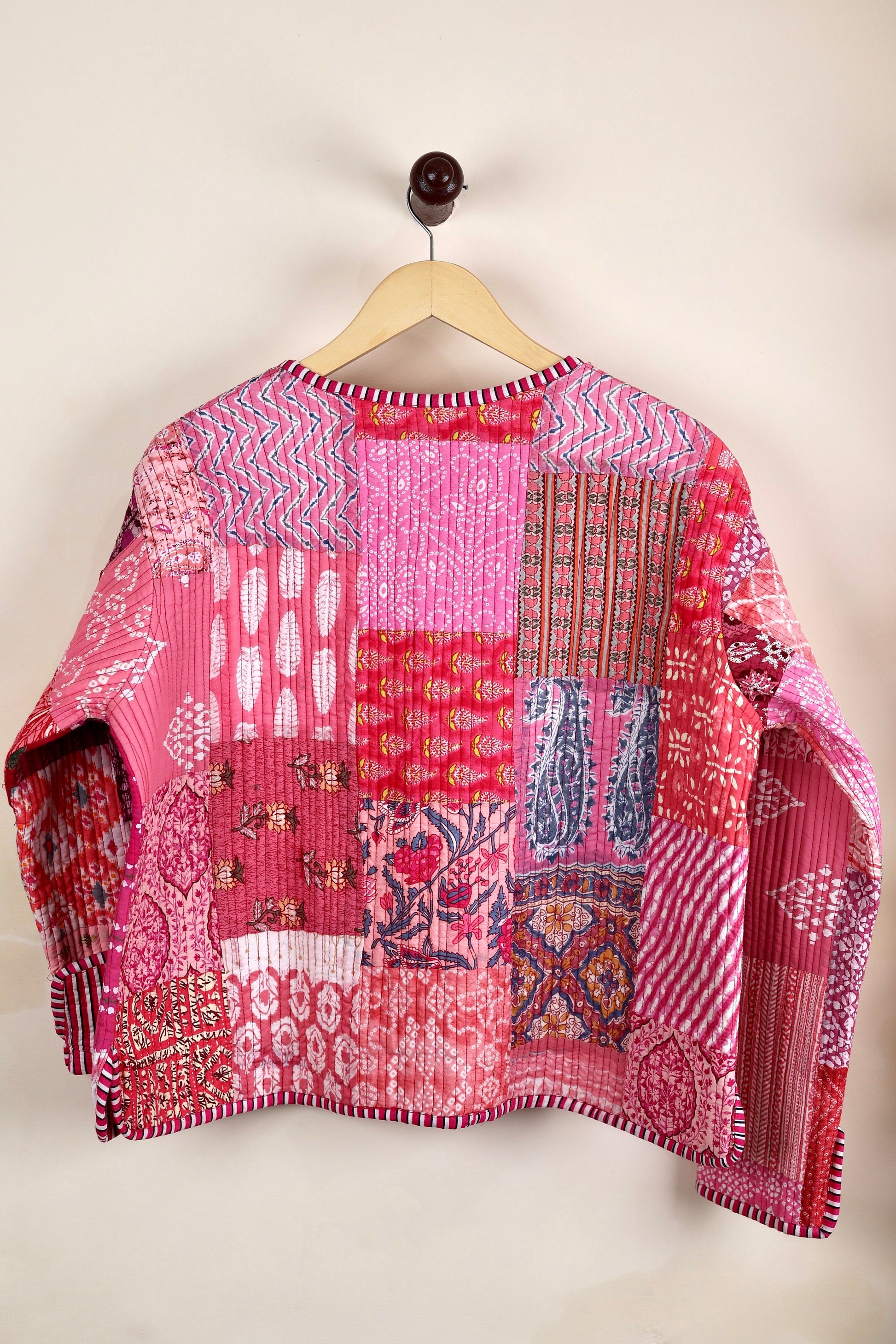 Pink Patchwork Quilted Cotton Jackets | Fall Winter Floral Women's Coat | HandBlock Printed Reversible Bohemian Style Quilted Jackets