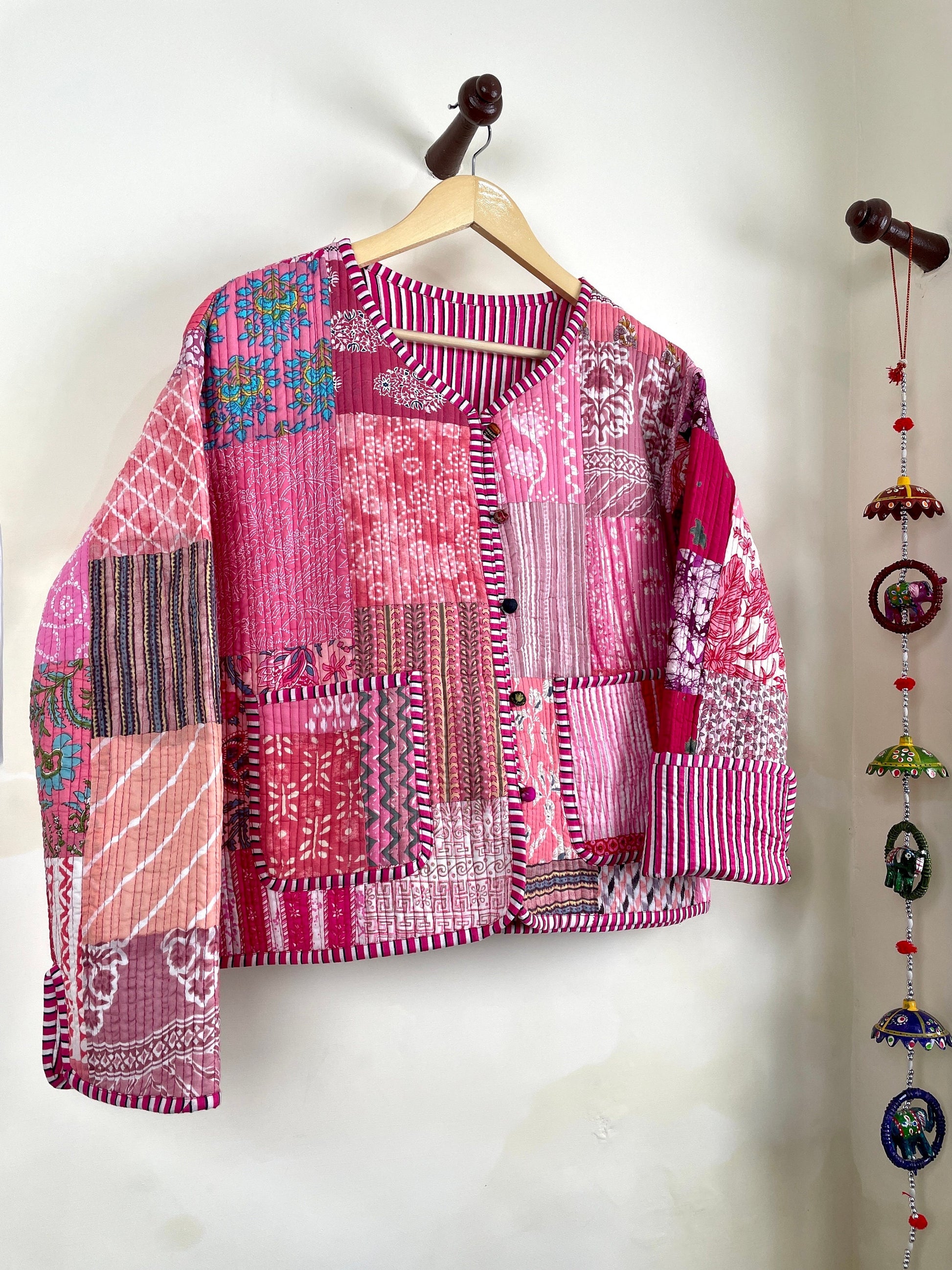 Pink Patchwork Quilted Cotton Jackets | Fall Winter Floral Women's Coat | HandBlock Printed Reversible Bohemian Style Quilted Jackets