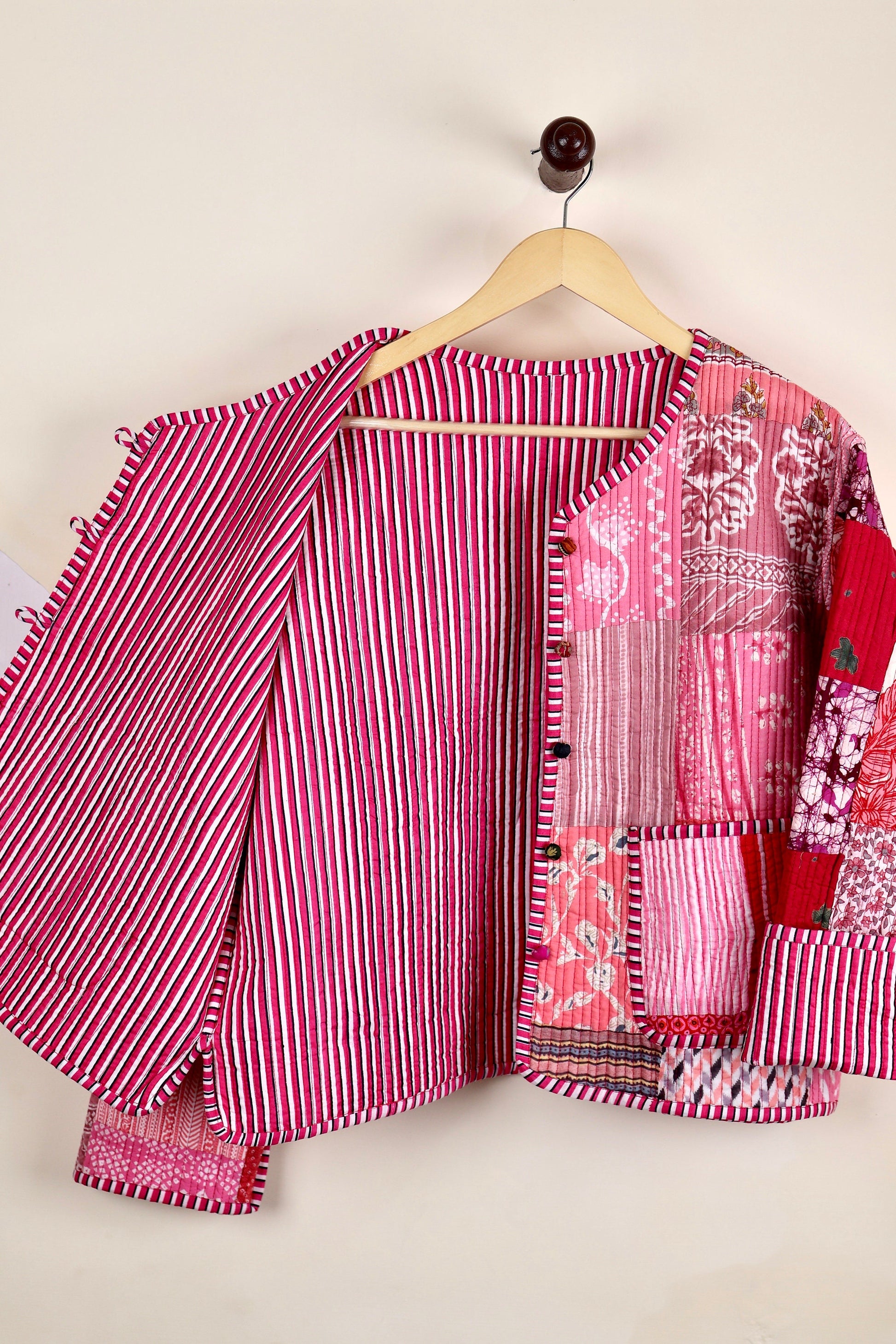 Pink Patchwork Quilted Cotton Jackets | Fall Winter Floral Women's Coat | HandBlock Printed Reversible Bohemian Style Quilted Jackets