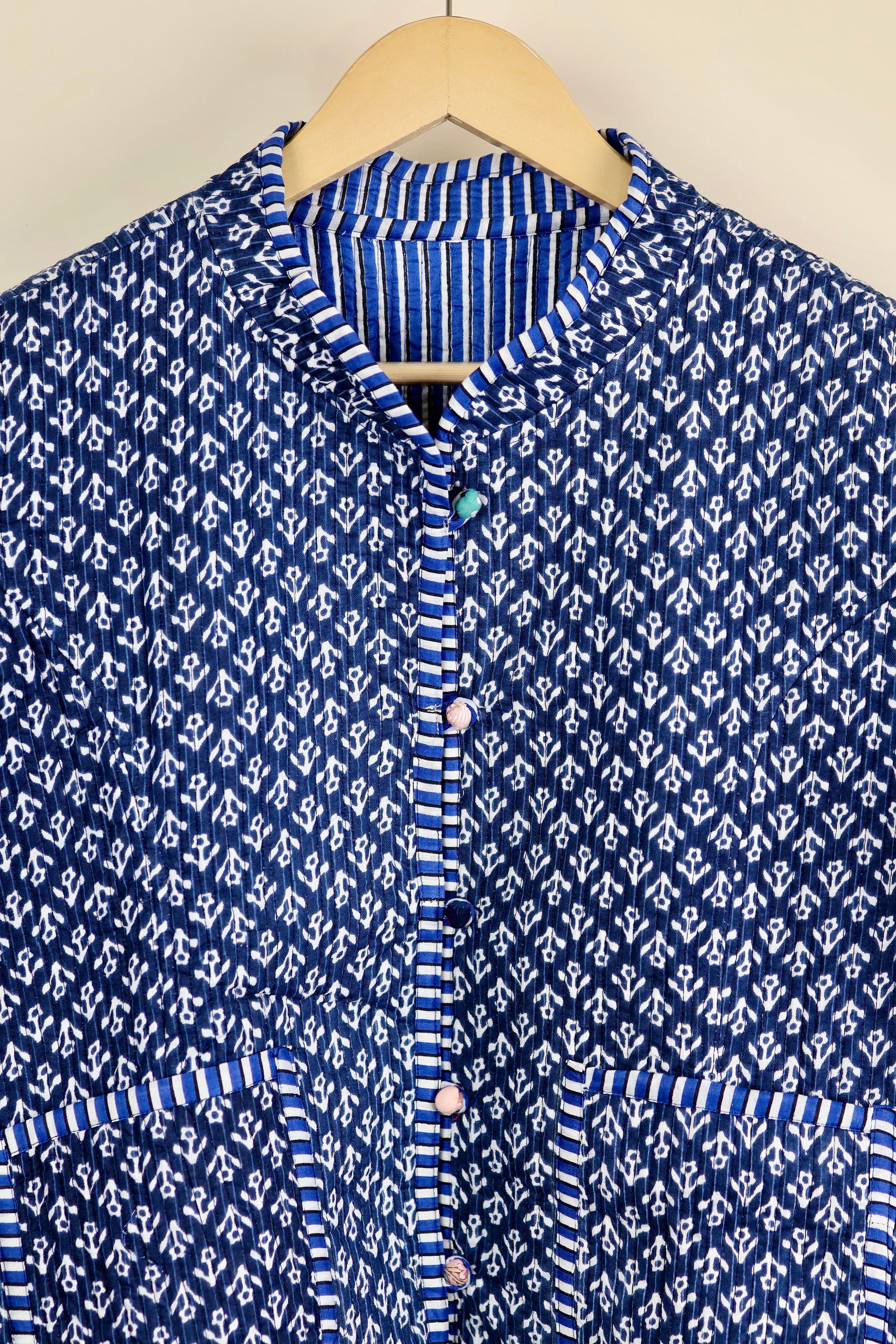 HandBlock Printed Quilted Cotton Jackets | Blue & White Indigo Print Women's Coat | Reversible Bohemian Style Indian Handmade Quilted Jacket