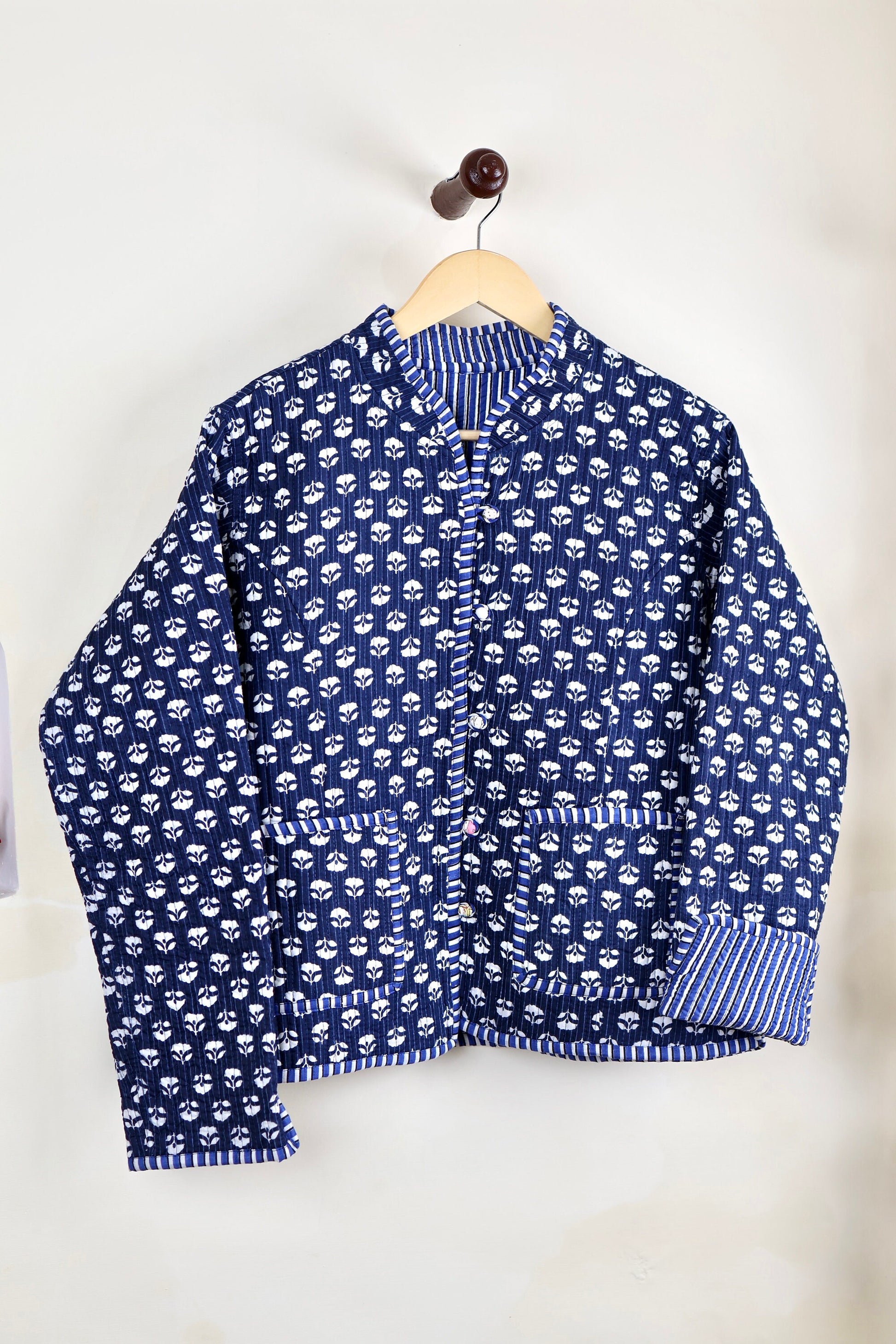 HandBlock Printed Quilted Cotton Jackets | Blue & White Indigo Print Women's Coat | Reversible Bohemian Style Indian Handmade Quilted Jacket