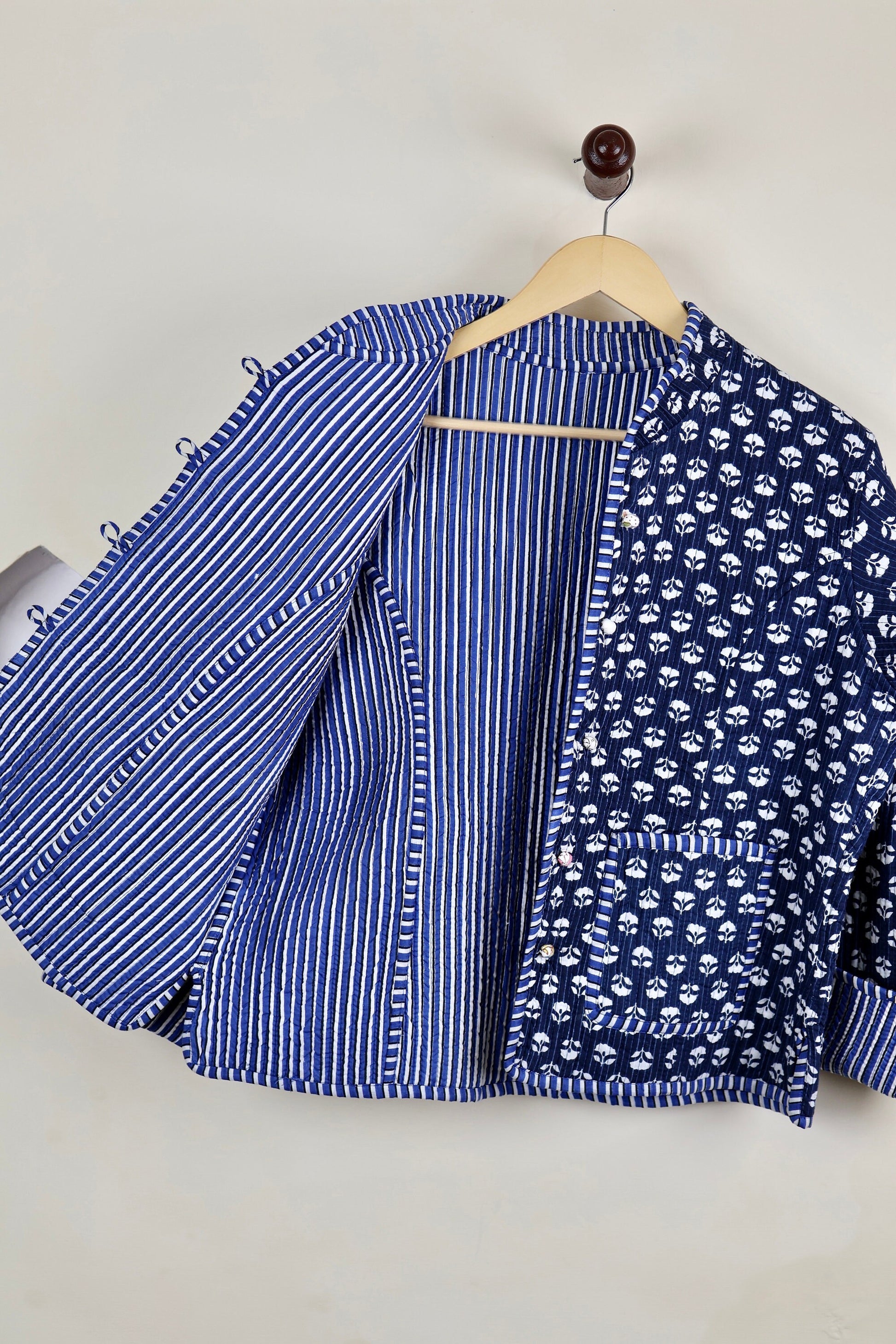 HandBlock Printed Quilted Cotton Jackets | Blue & White Indigo Print Women's Coat | Reversible Bohemian Style Indian Handmade Quilted Jacket