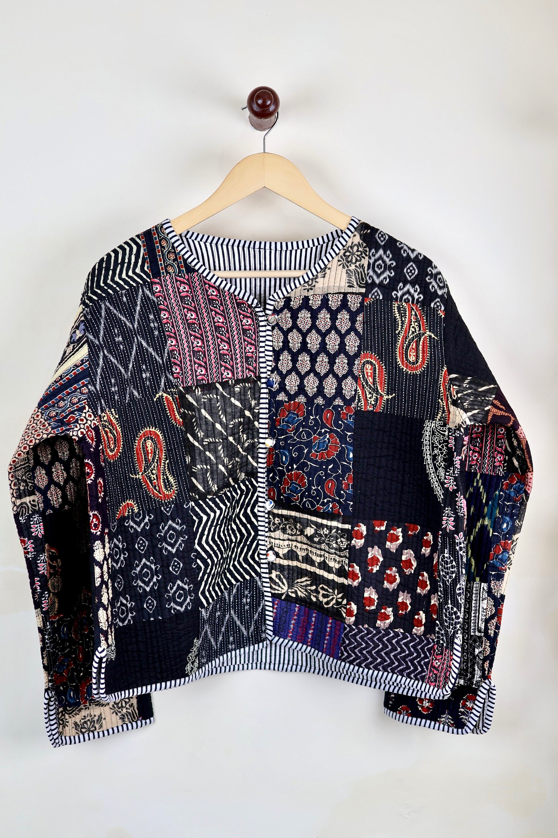 Black Patchwork Quilted Cotton Jackets | Fall Winter Floral Women's Coat | HandBlock Printed Reversible Bohemian Style Quilted Jackets