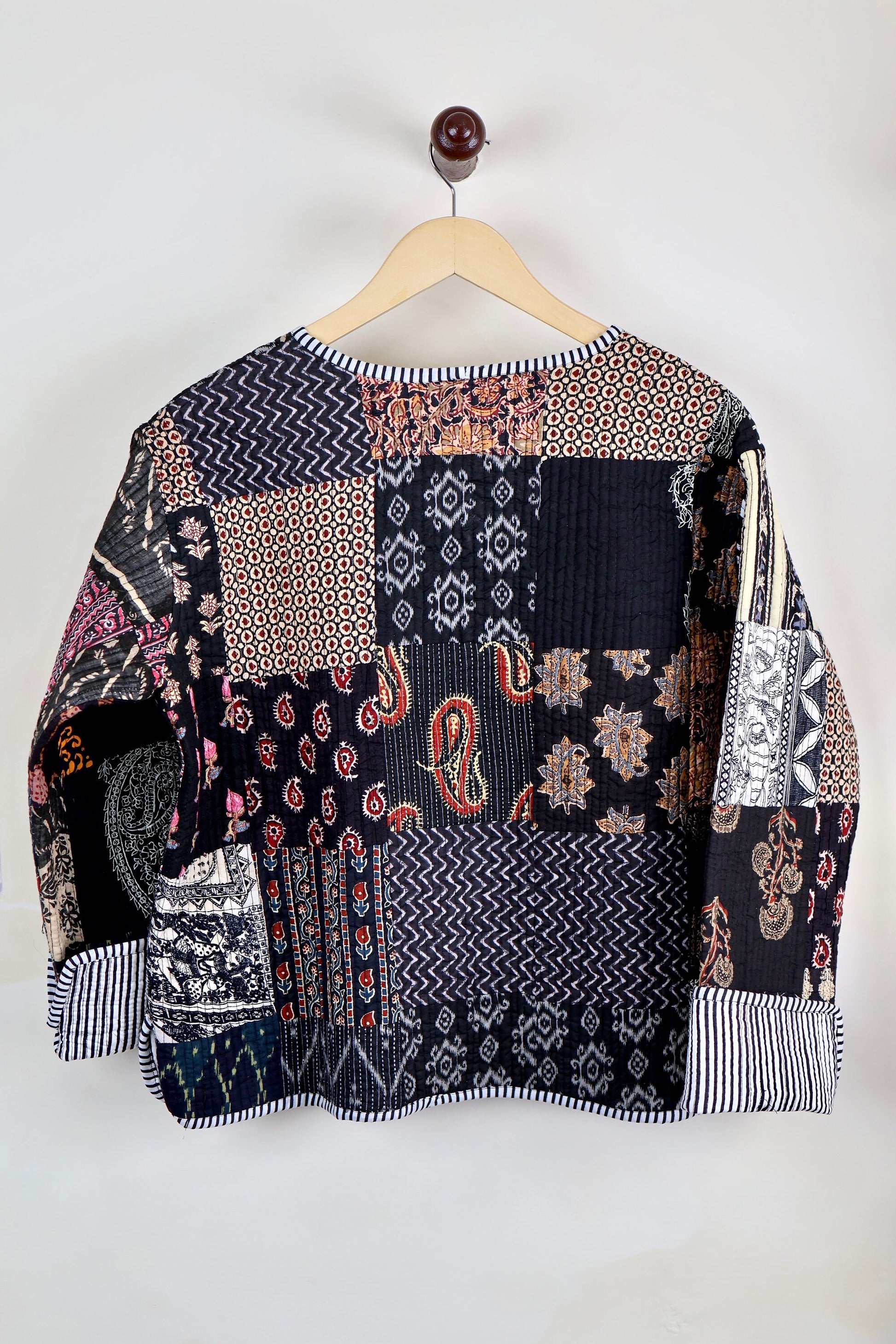 Black Patchwork Quilted Cotton Jackets | Fall Winter Floral Women's Coat | HandBlock Printed Reversible Bohemian Style Quilted Jackets