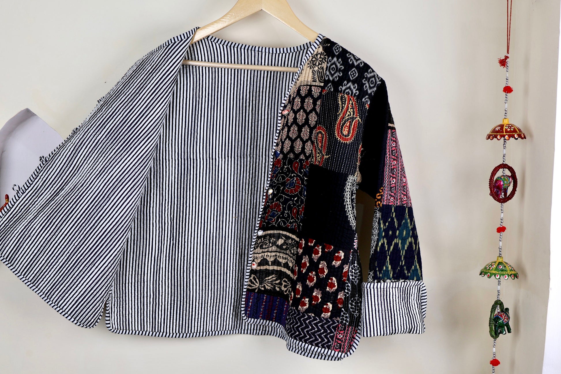 Black Patchwork Quilted Cotton Jackets | Fall Winter Floral Women's Coat | HandBlock Printed Reversible Bohemian Style Quilted Jackets